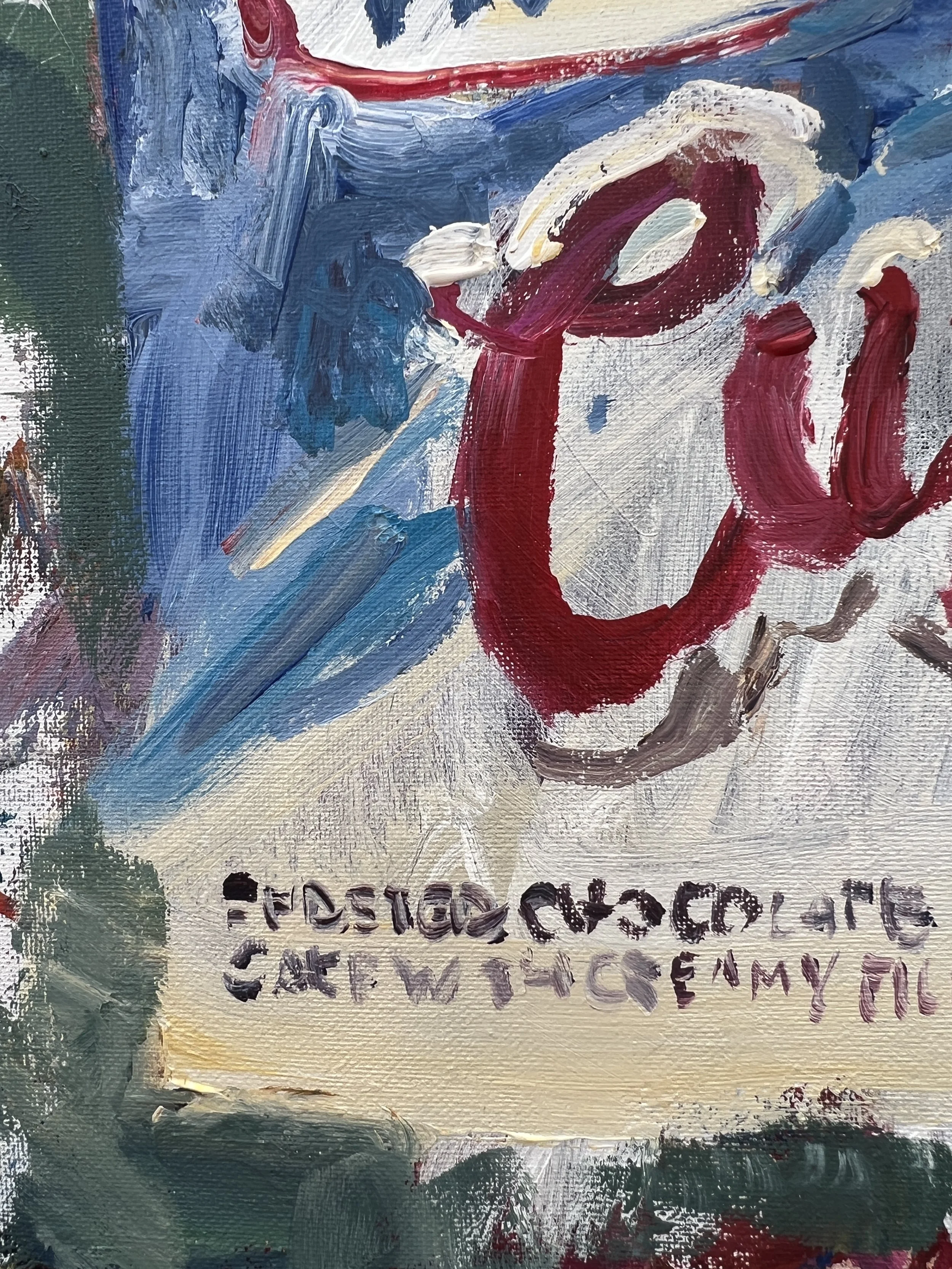 Bold expressive painting of Hostess Cupcakes orange box with chocolate cupcakes and white squiggle, acrylics on 20x16 canvas - close up 6