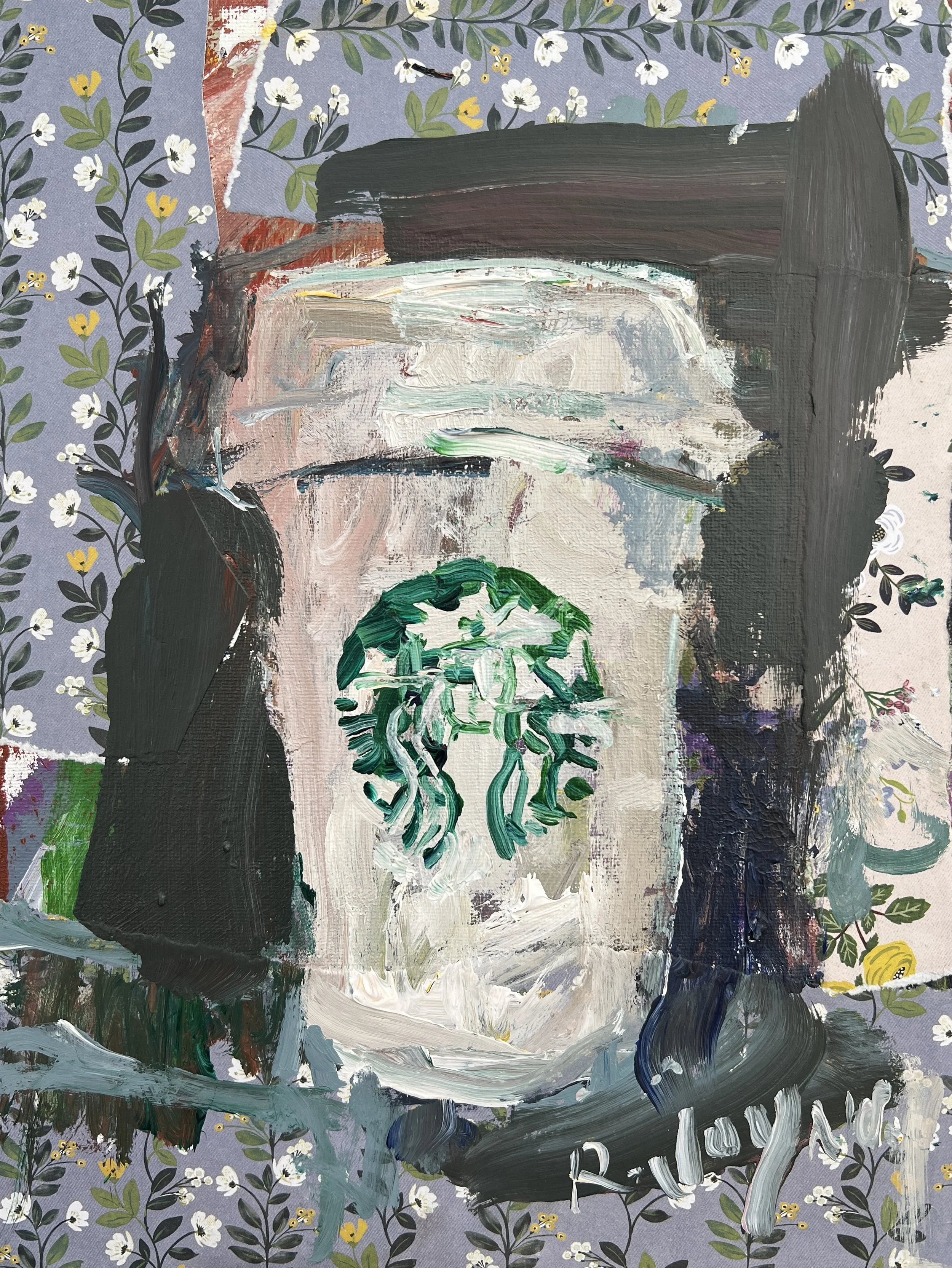 Loose expressive original painting of a Starbucks coffee cup with hand-collaged floral background on canvas – mixed media kitchen and coffee art