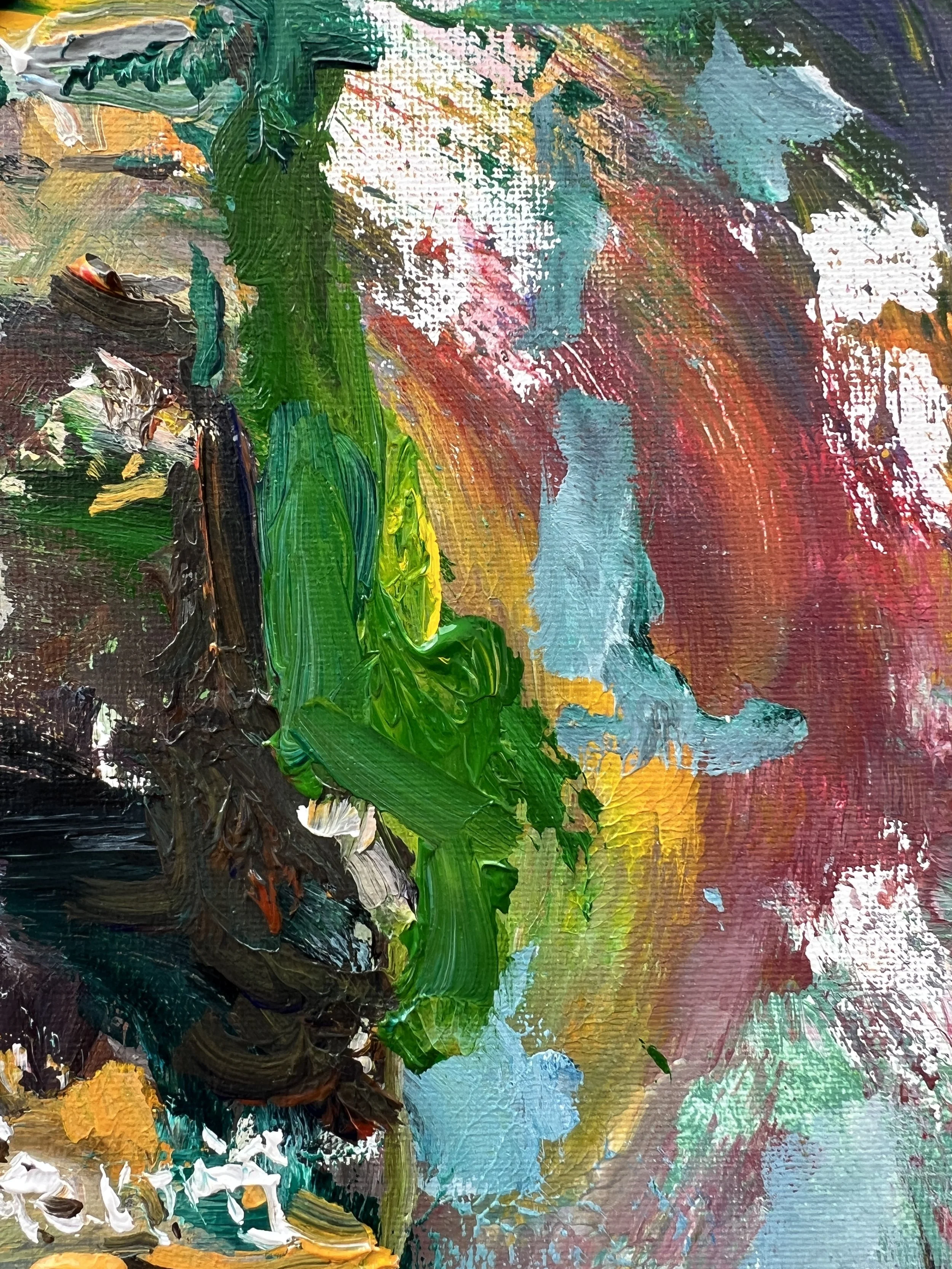 Bold expressive painting of Stewart's Root Beer brown bottle with orange and cream label close up 2