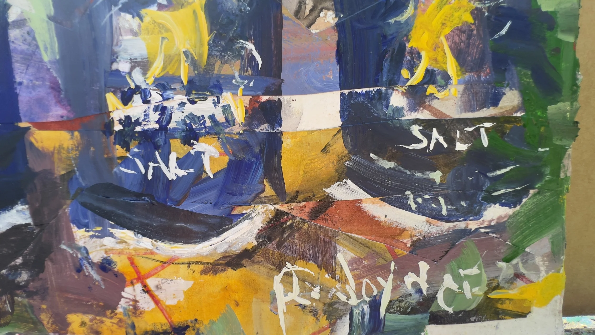 Abstract mixed media painting titled Morton's Salt Containers, deep blue and yellow tones with collage elements, by Robert Joyner close up 5