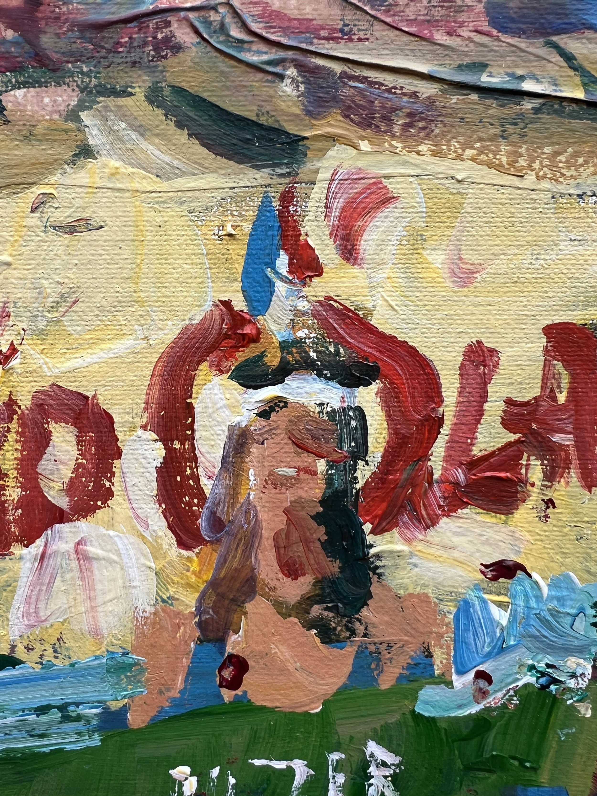 Close-up of Bold expressive painting of Land O'Lakes yellow butter box with collage elements