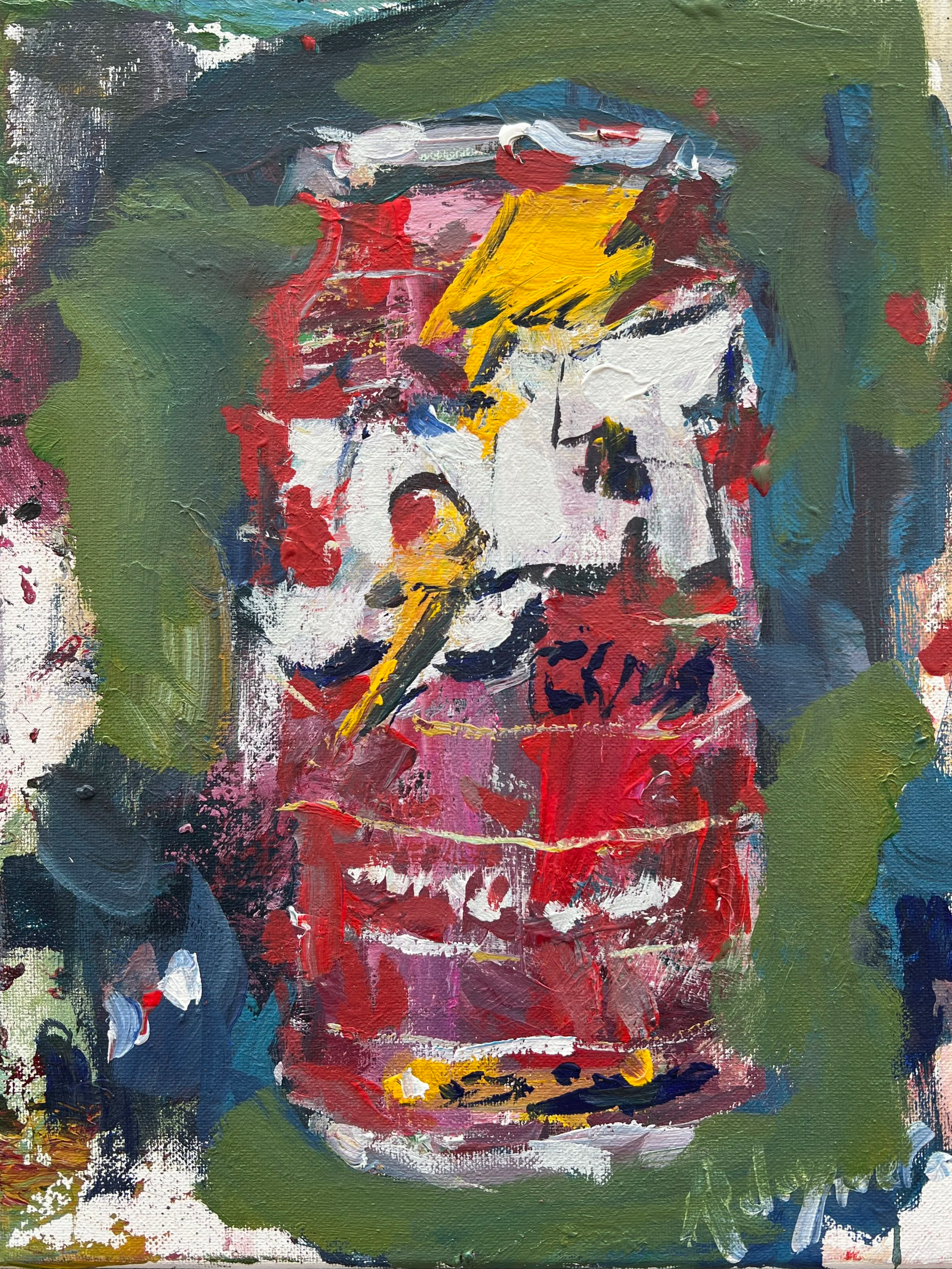 Bold expressive painting of Jolt Cola red soda can with lightning bolt logo, acrylics on 14x11 canvas - retro game room wall art