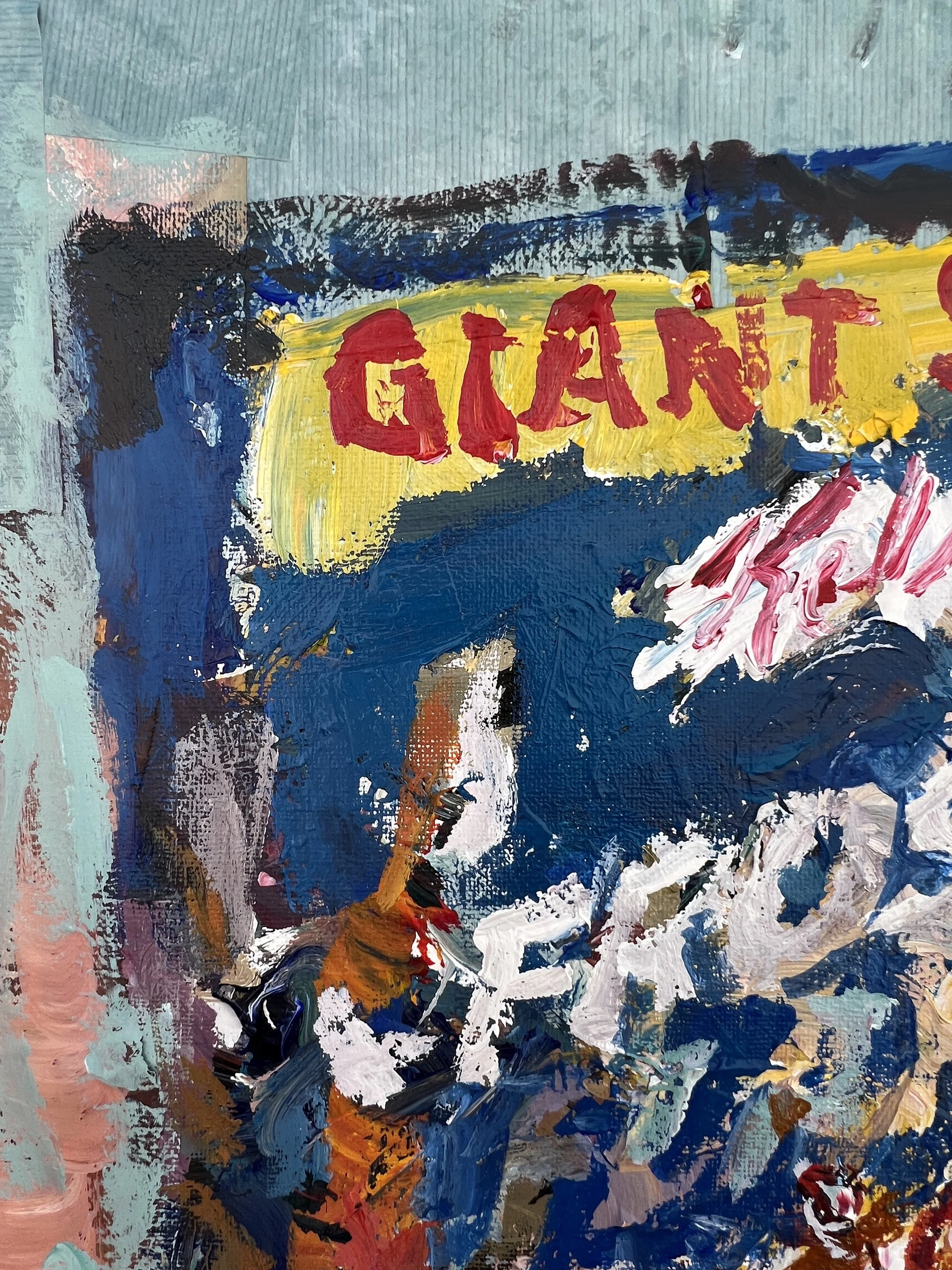 Bold expressive painting of Frosted Flakes blue cereal box with Tony the Tiger and collage elements, acrylics on 20x16 canvas - close up 1