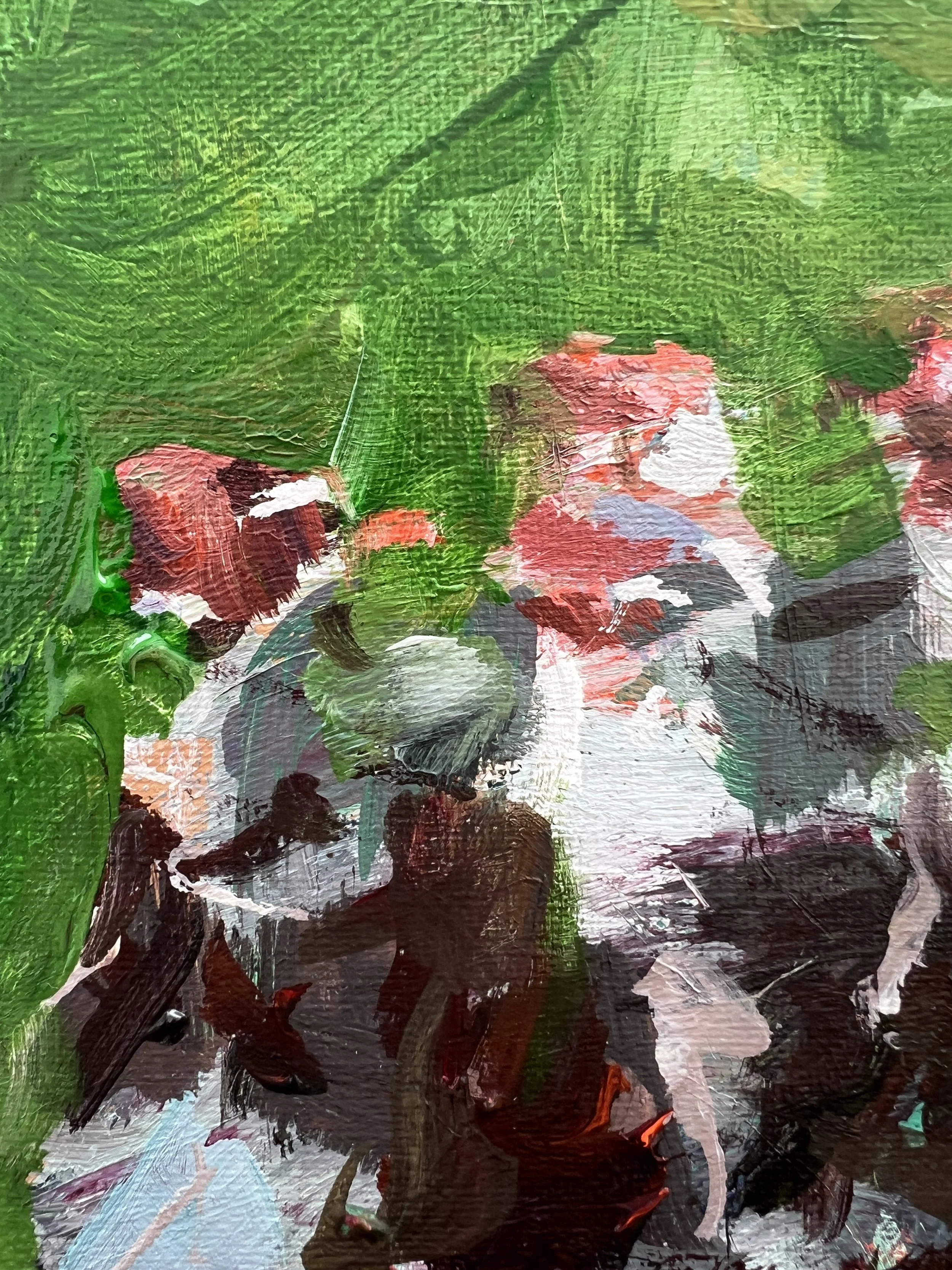 Detail view of Loose expressive acrylic painting of a Diet Coke 6-pack of glass bottles