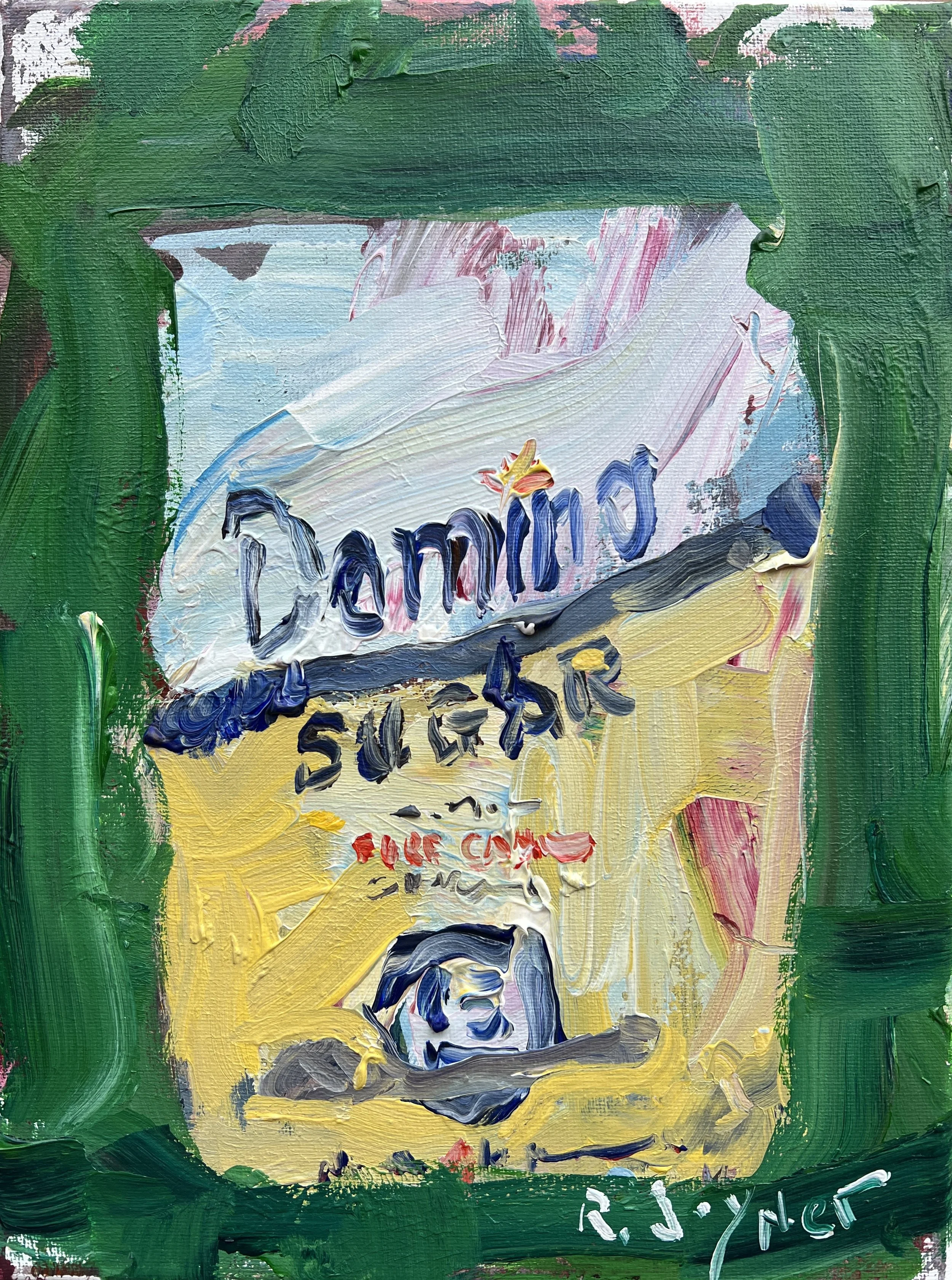 Bold expressive painting of Domino sugar yellow bag with blue script lettering in vibrant greens, acrylics on 12x9 canvas - kitchen wall art