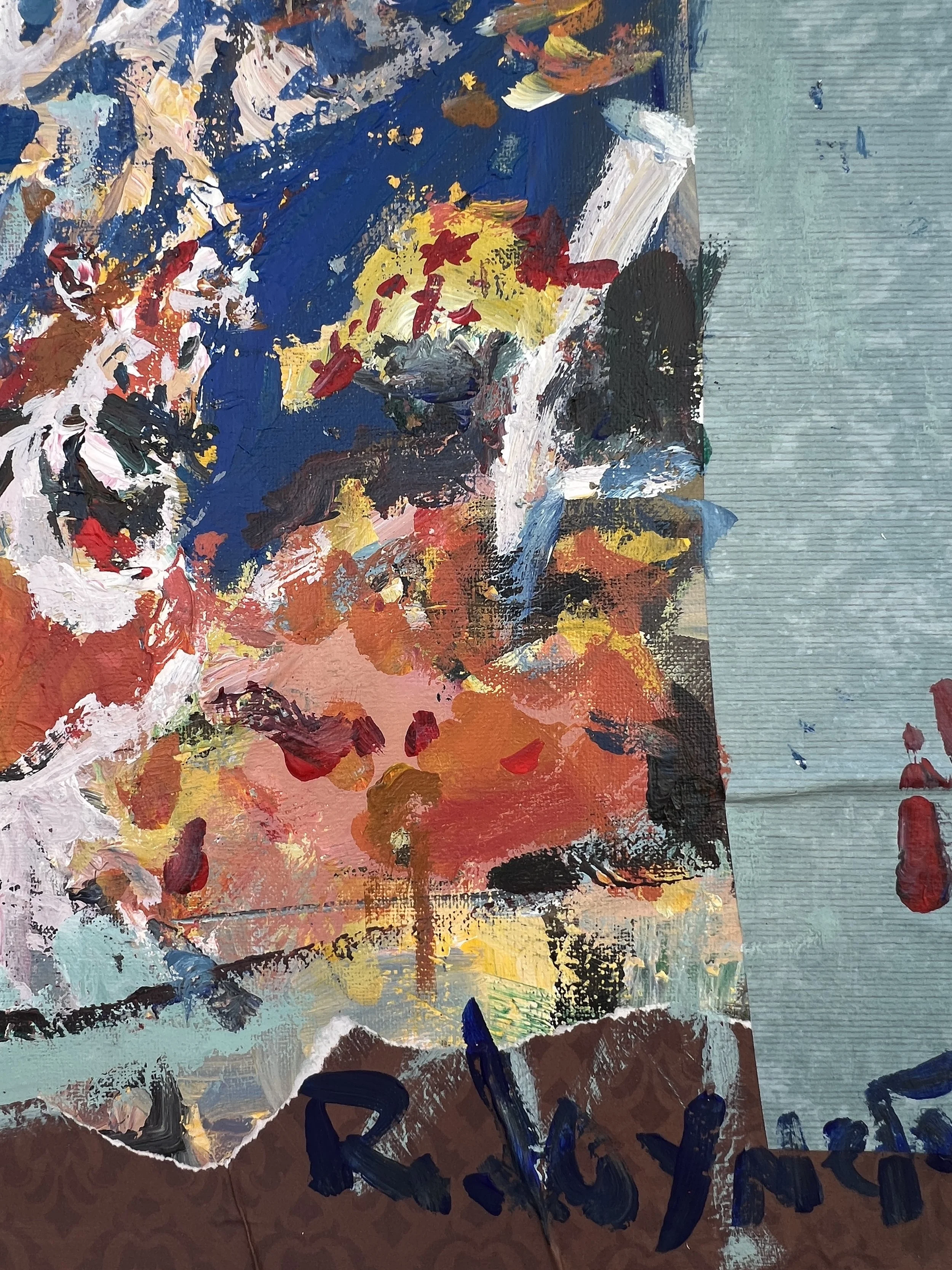 Bold expressive painting of Frosted Flakes blue cereal box with Tony the Tiger and collage elements, acrylics on 20x16 canvas - close up 5