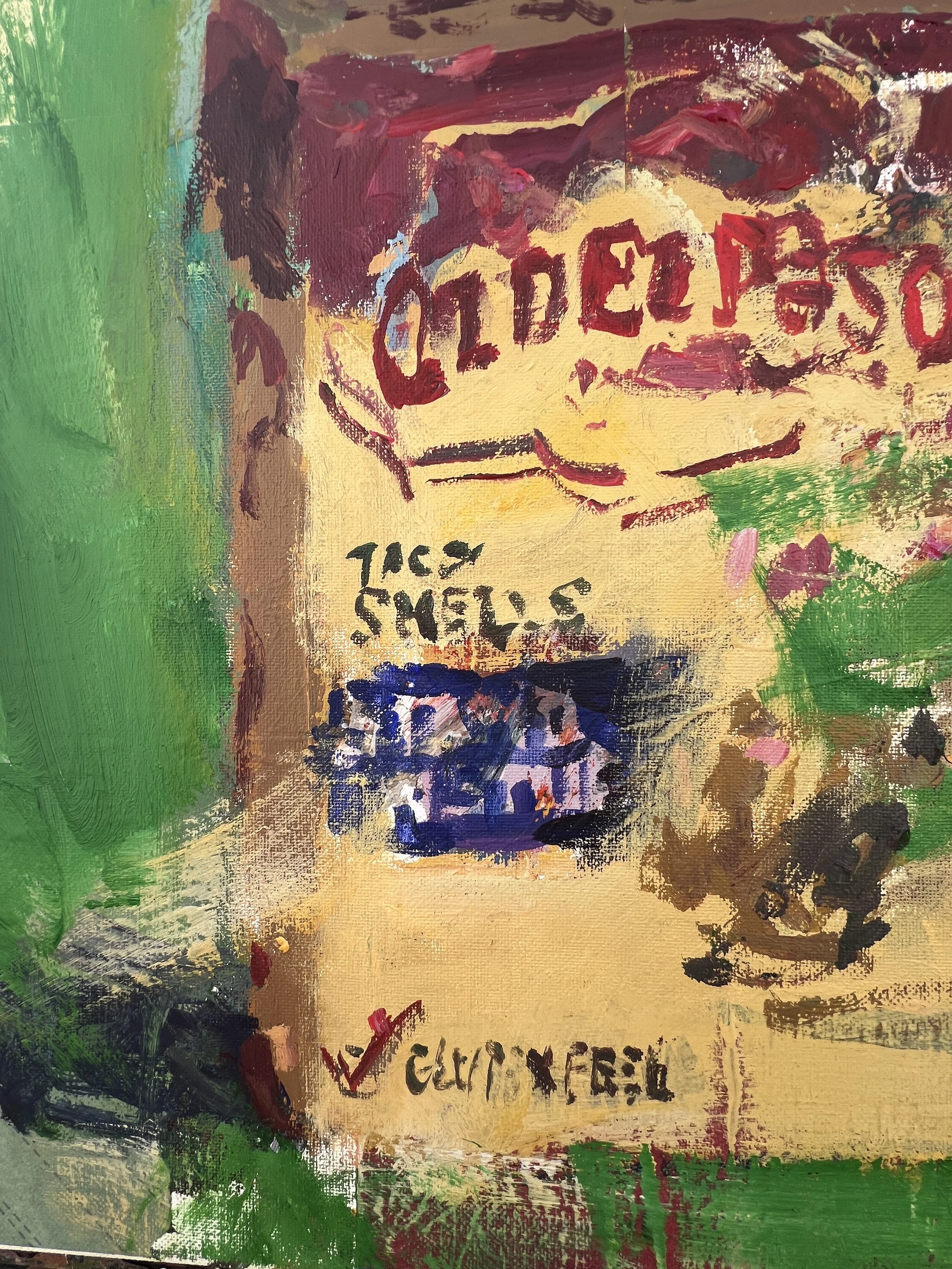 Bold expressive painting of Old El Paso Stand 'n Stuff taco shells box in vibrant colors, acrylics on 20x16 canvas - close up 3