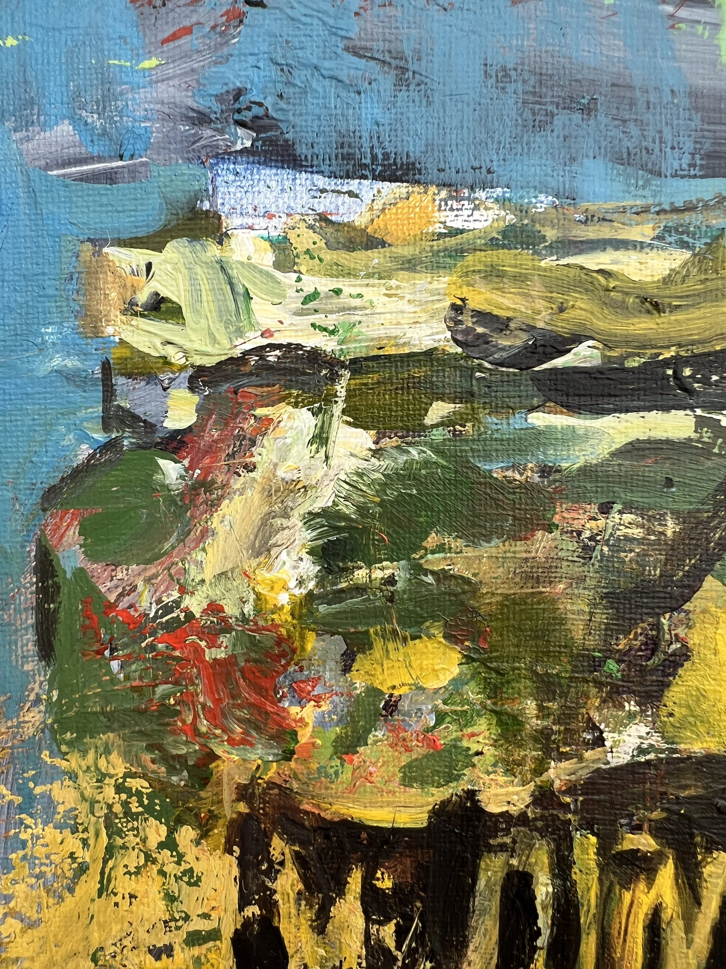 Detail view of Bold expressive Mt. Olive Pickles jar original painting on canvas