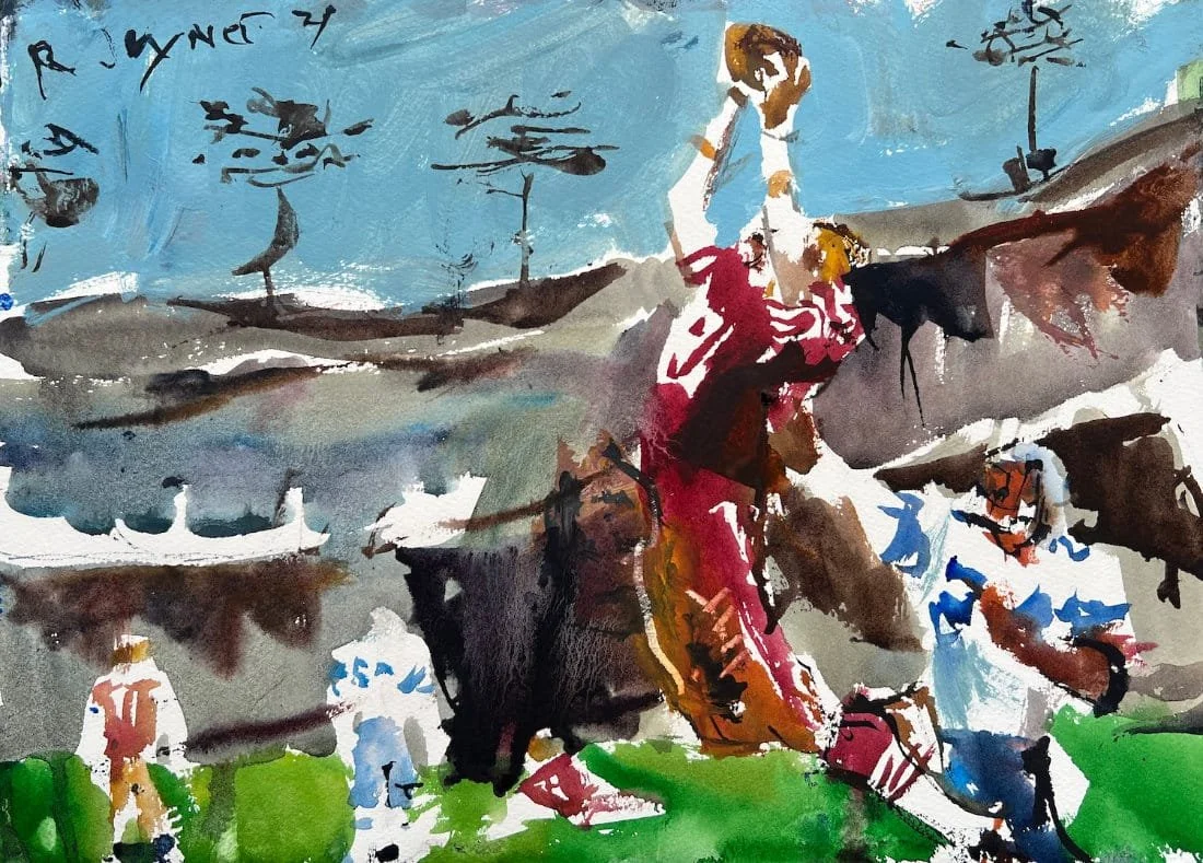 The Catch 49ers Montana to Clark original watercolor painting, 1982 championship moment by Robert Joyner