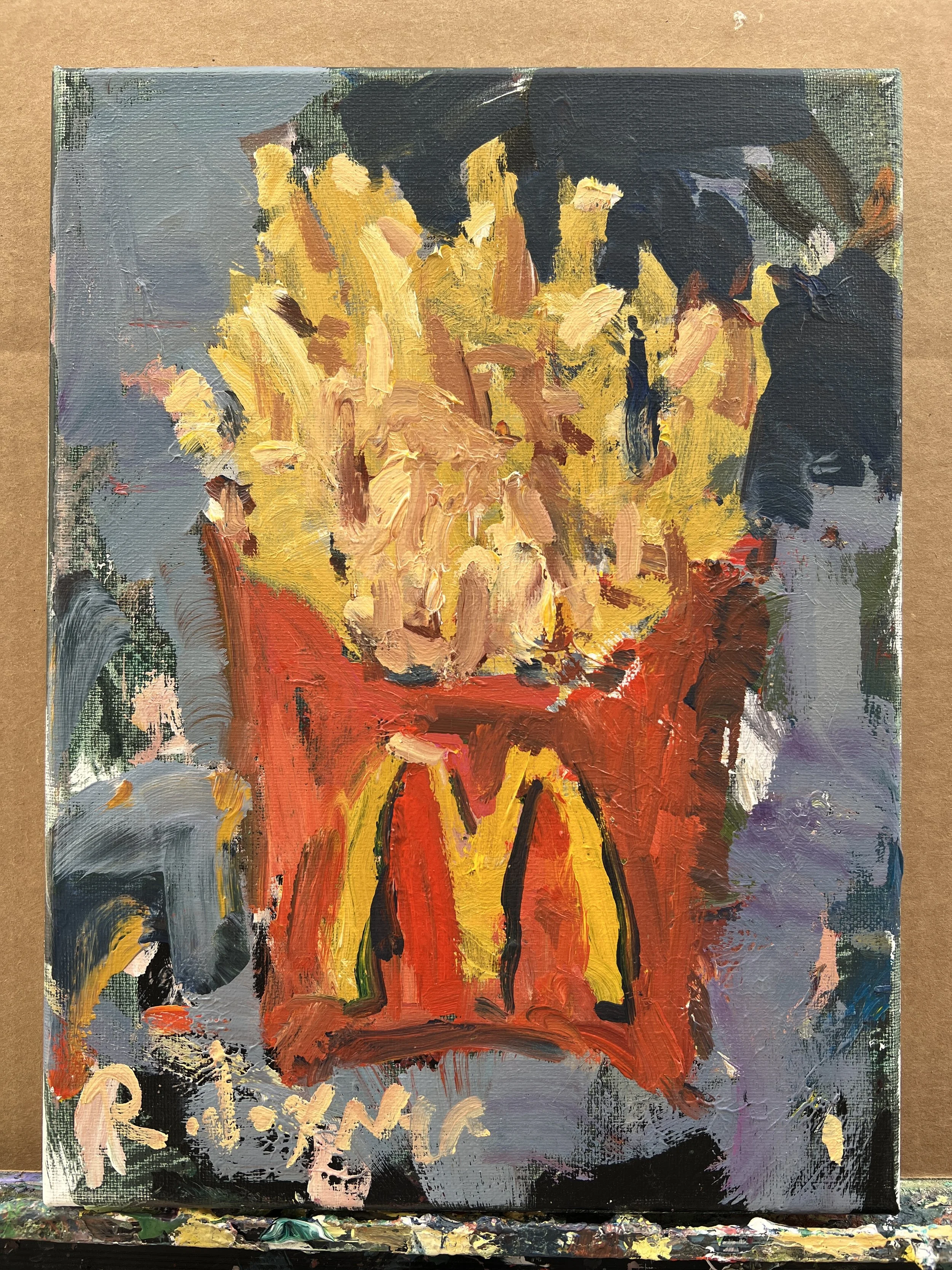 Loose expressive original painting of McDonald's french fries in red and yellow box on canvas - kitchen wall art shows all four edges