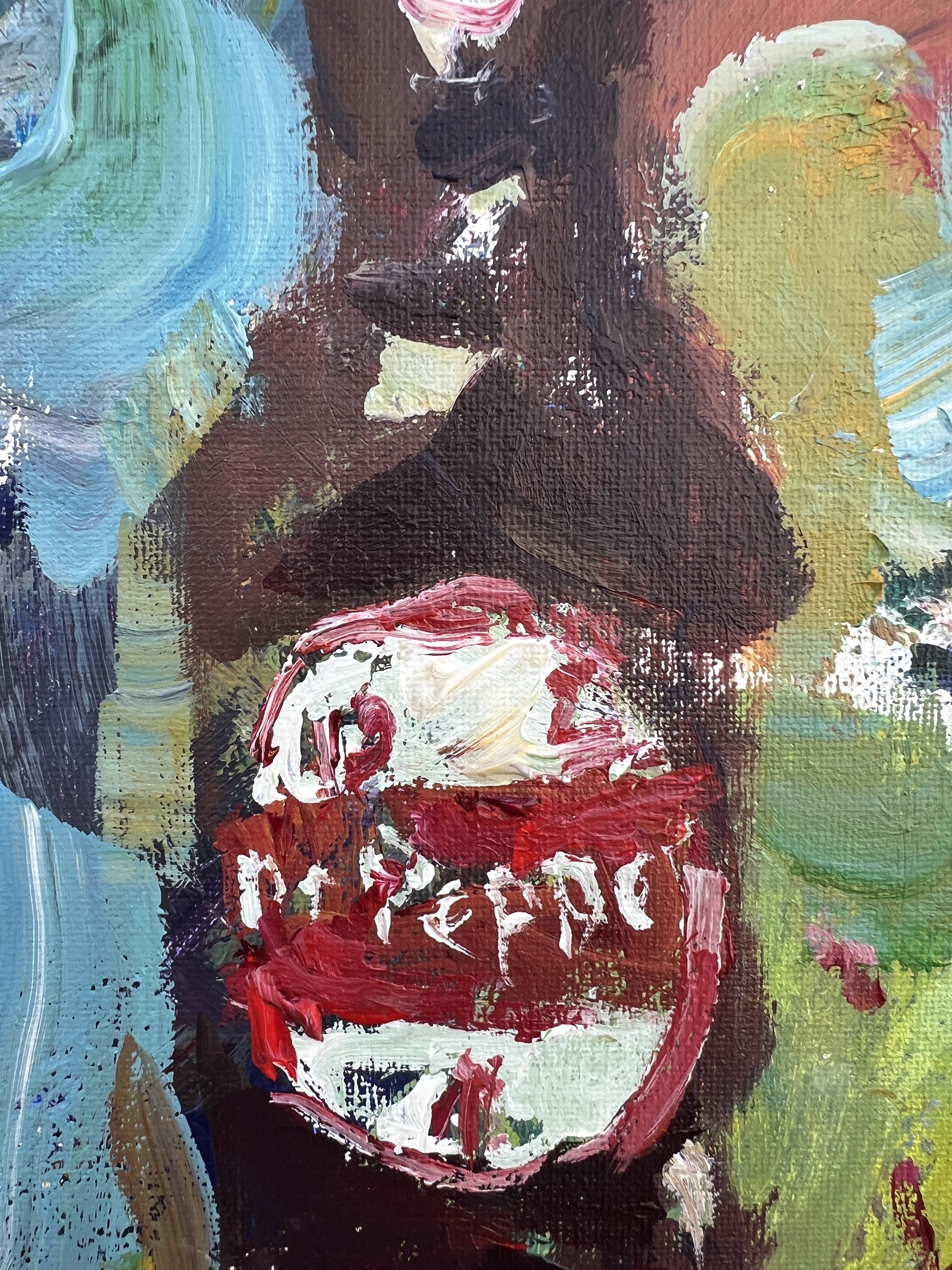 Bold, expressive still life featuring a vintage Dr Pepper bottle painting close up 2