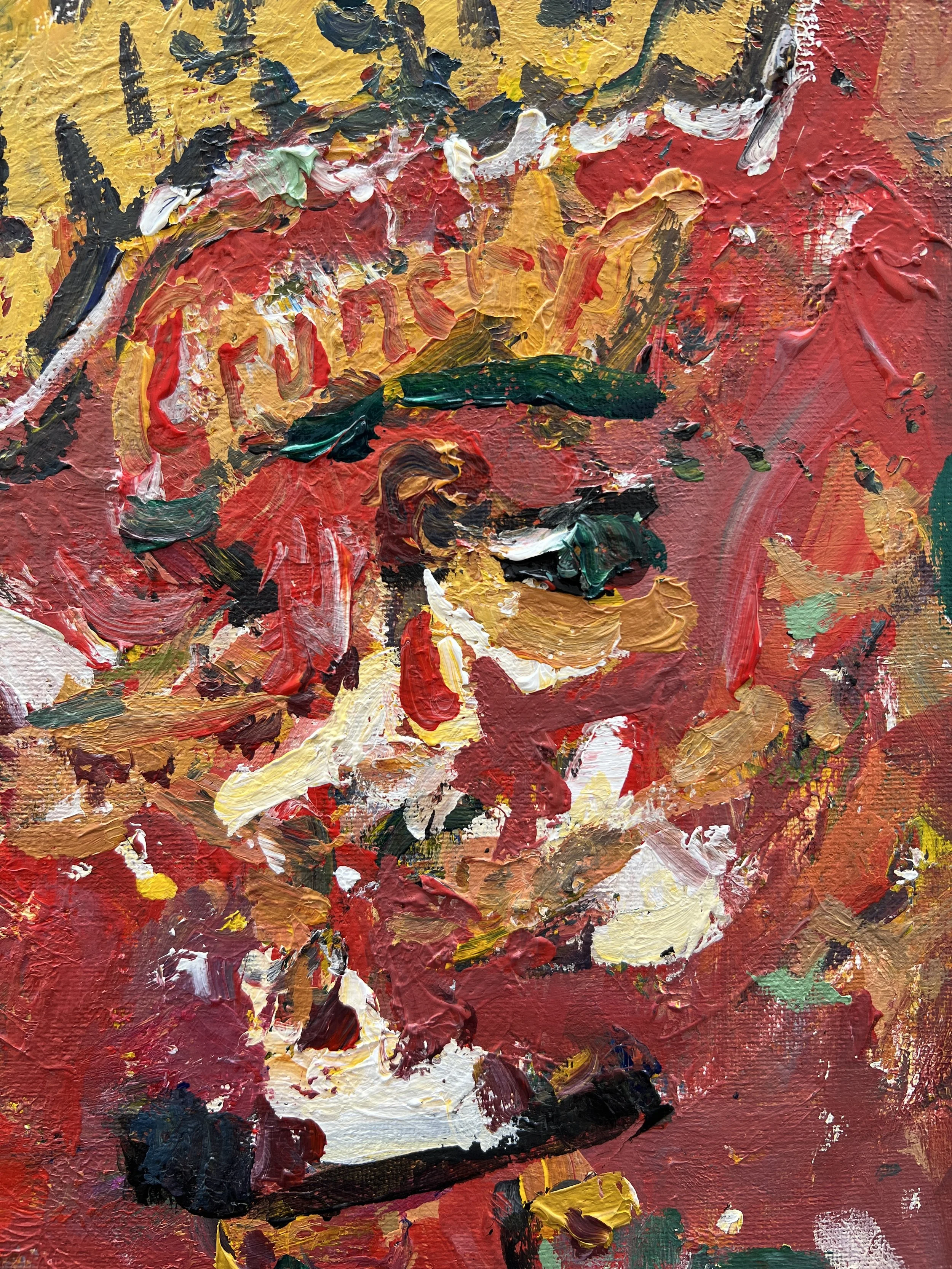 Bold expressive painting of Crunchy Cheetos orange bag with cheetah logo, acrylics on 20x16 canvas - close up 5