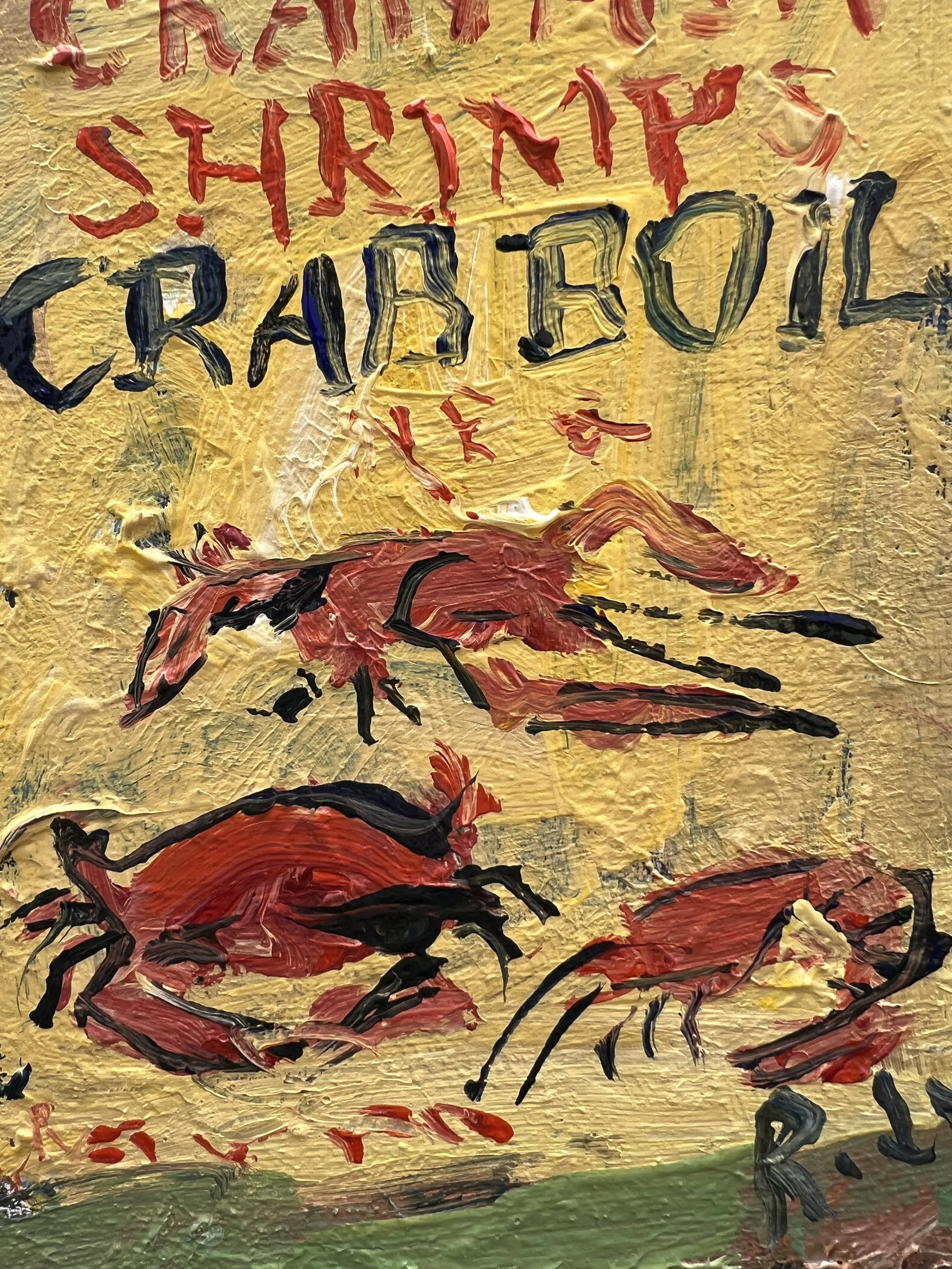 Texture detail of Loose expressive original painting of Zatarain's crawfish boil seasoning box