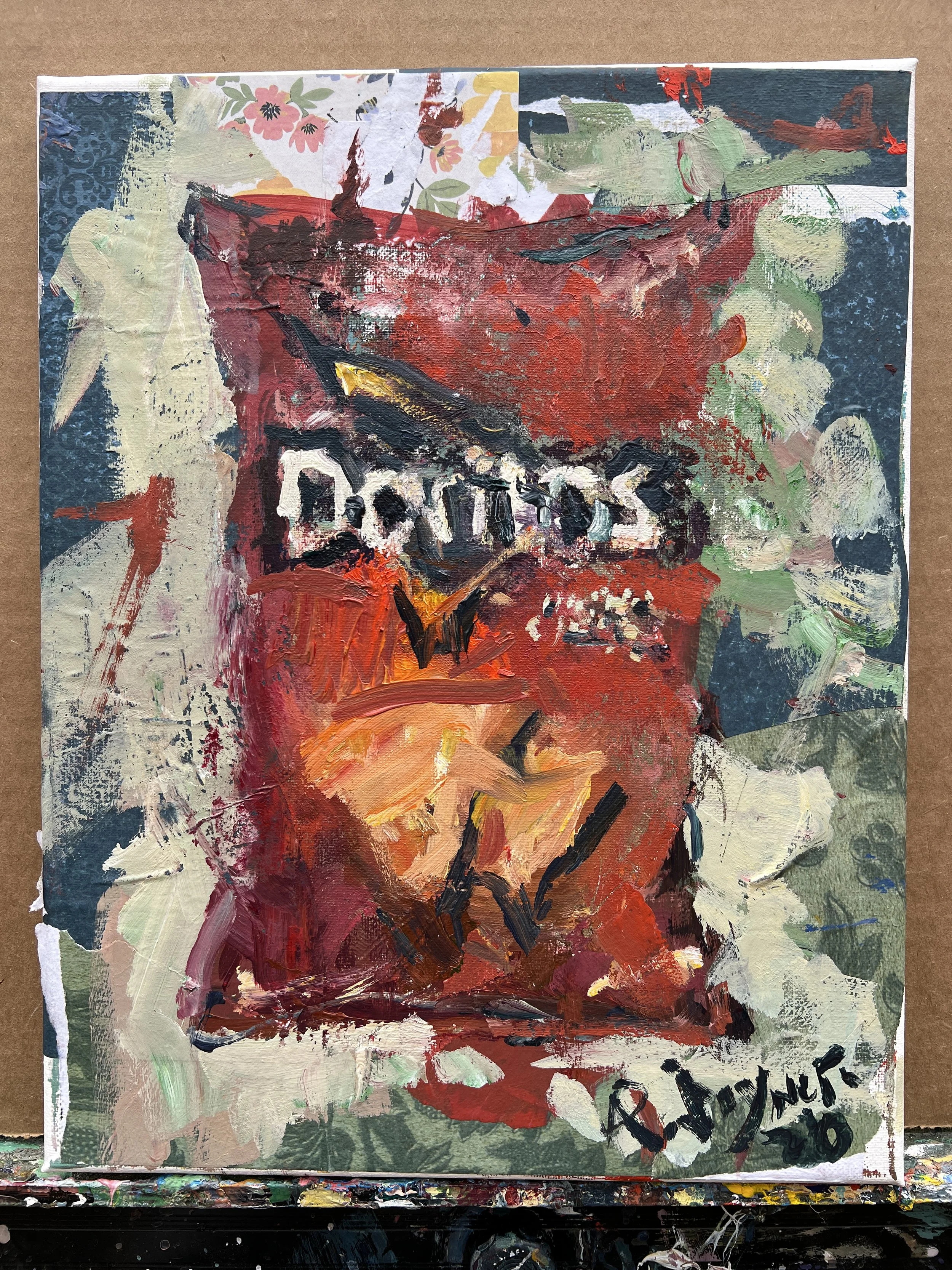 Bold expressive painting of Doritos red chip bag with triangle logo and collage elements with textured brushstrokes, acrylics on 14x11 canvas - nostalgic snack kitchen wall art shows all edges