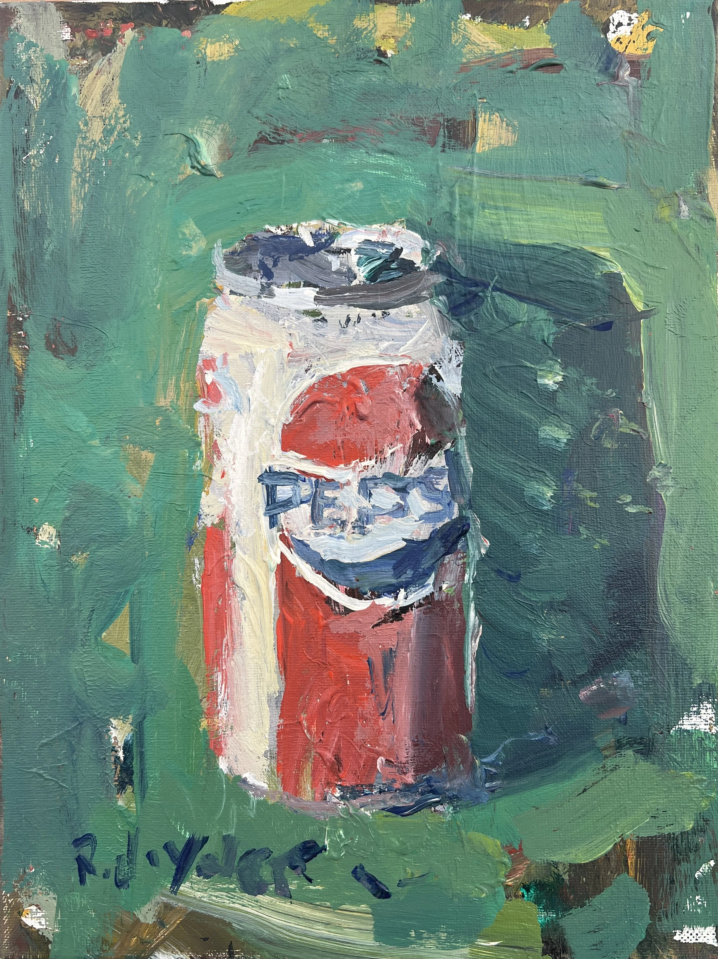 Loose expressive acrylic painting of a Pepsi Cola can in red, white, and blue on a green background — original kitchen wall art.
