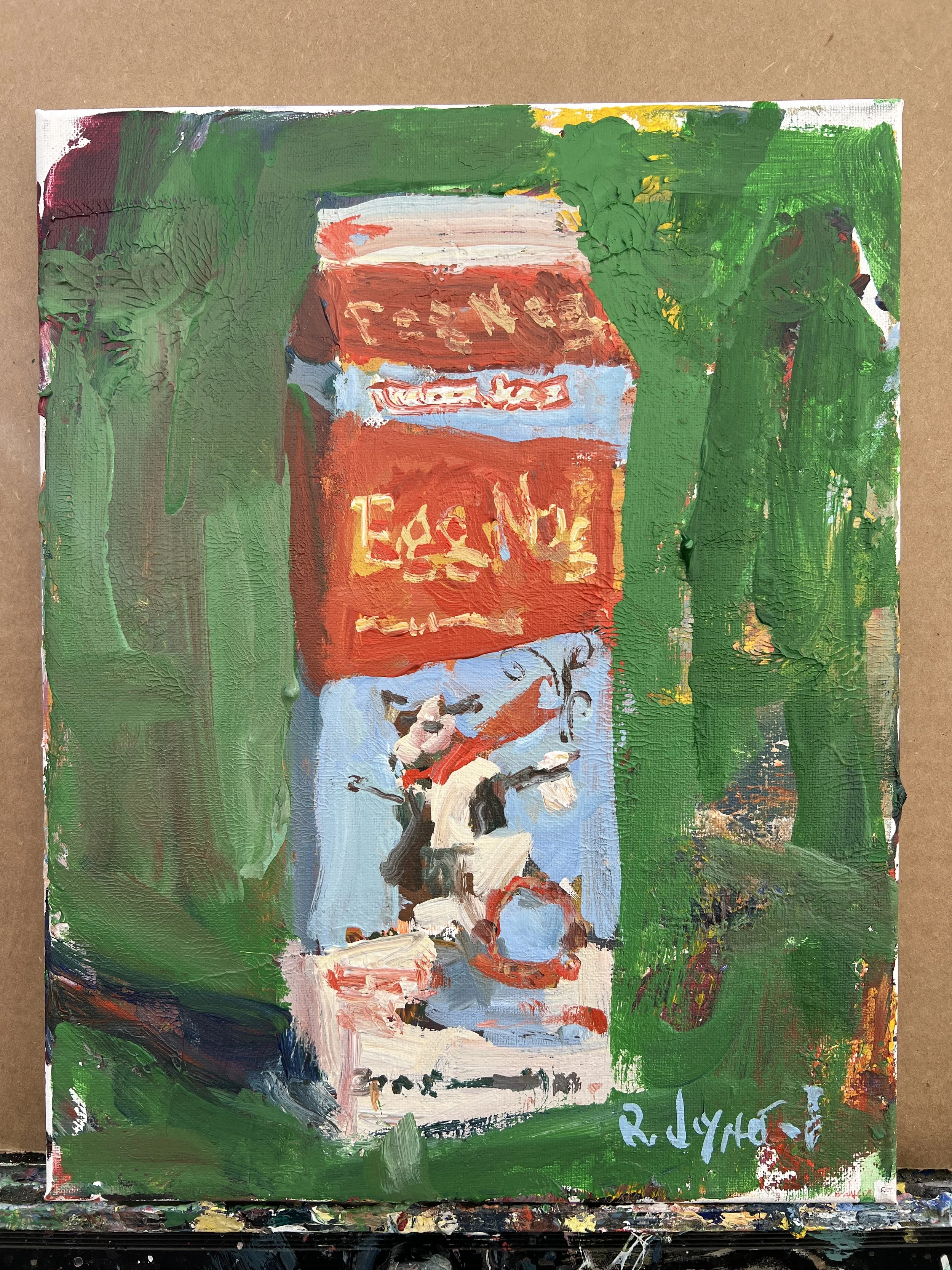 Loose expressive acrylic painting of a Trader Joe’s egg nog carton with festive red and green tones, original 14x11 canvas kitchen wall art shows all-edges