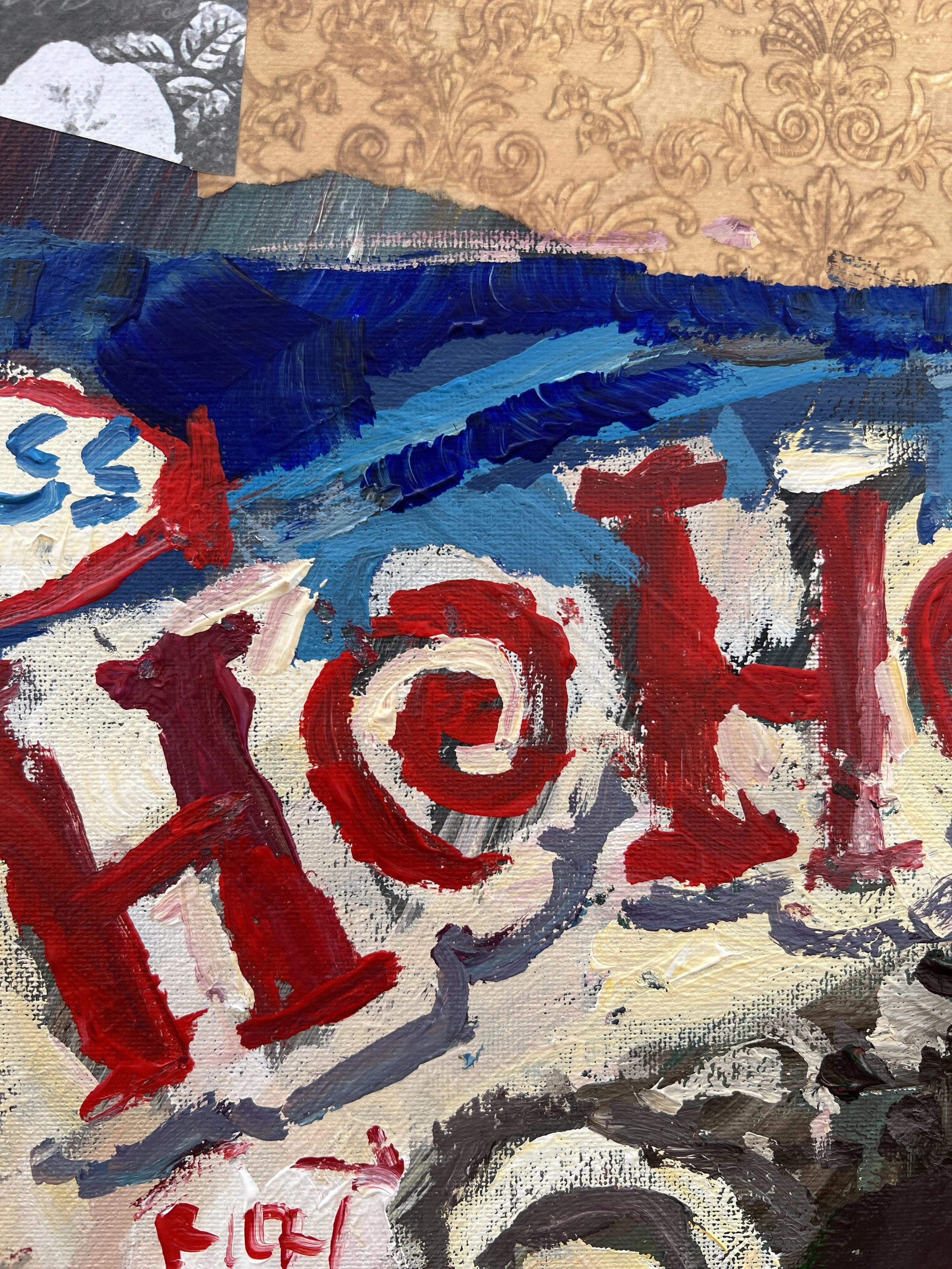 Bold expressive painting of Hostess Ho Hos box with chocolate roll cakes and collage elements, acrylics on 20x16 canvas - close up 2