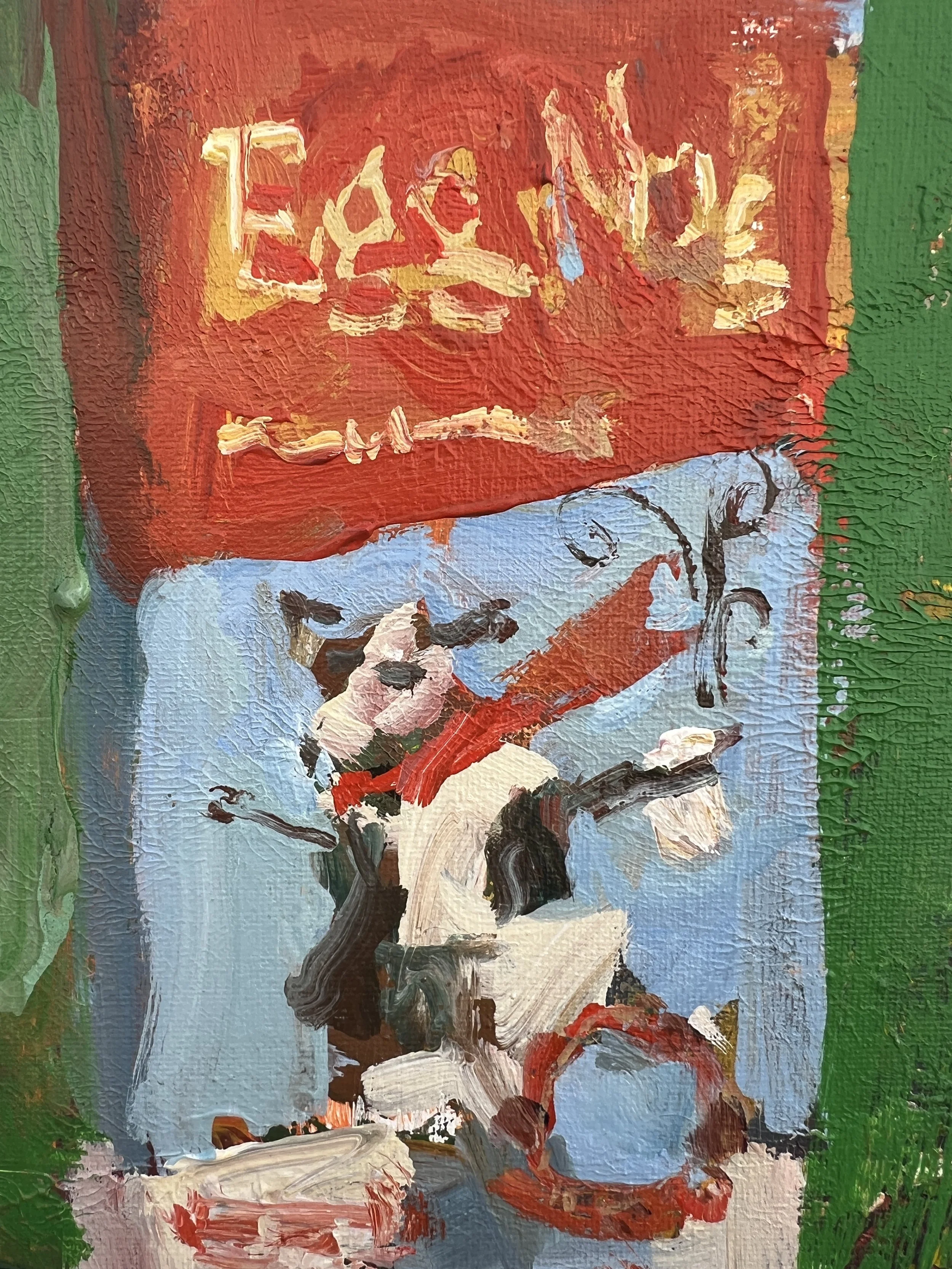 Close-up of Loose expressive acrylic painting of a Trader Joe’s egg nog carton