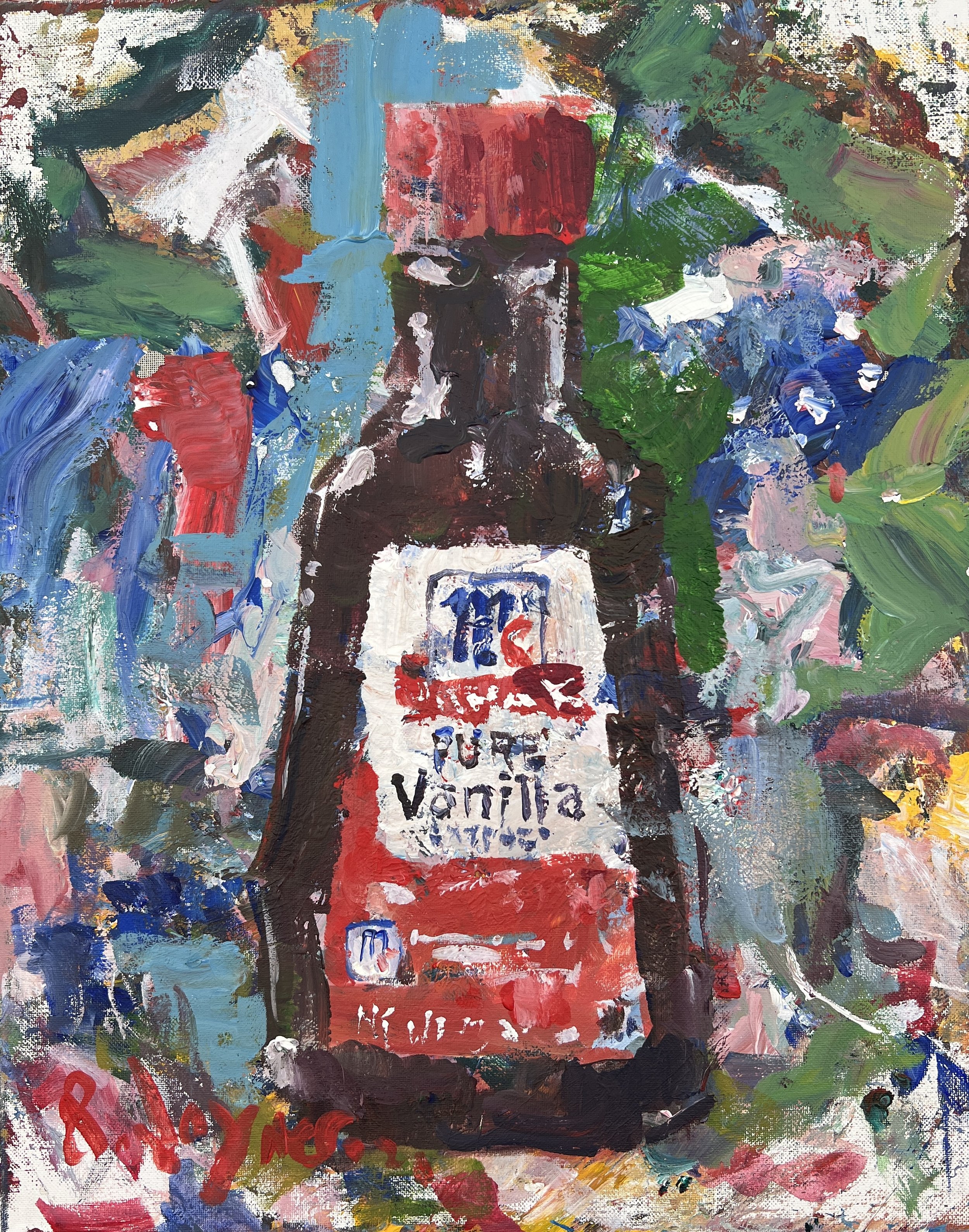 Bold expressive painting of McCormick Pure Vanilla Extract brown bottle with red cap, acrylics on 20x16 canvas - farmhouse kitchen wall art