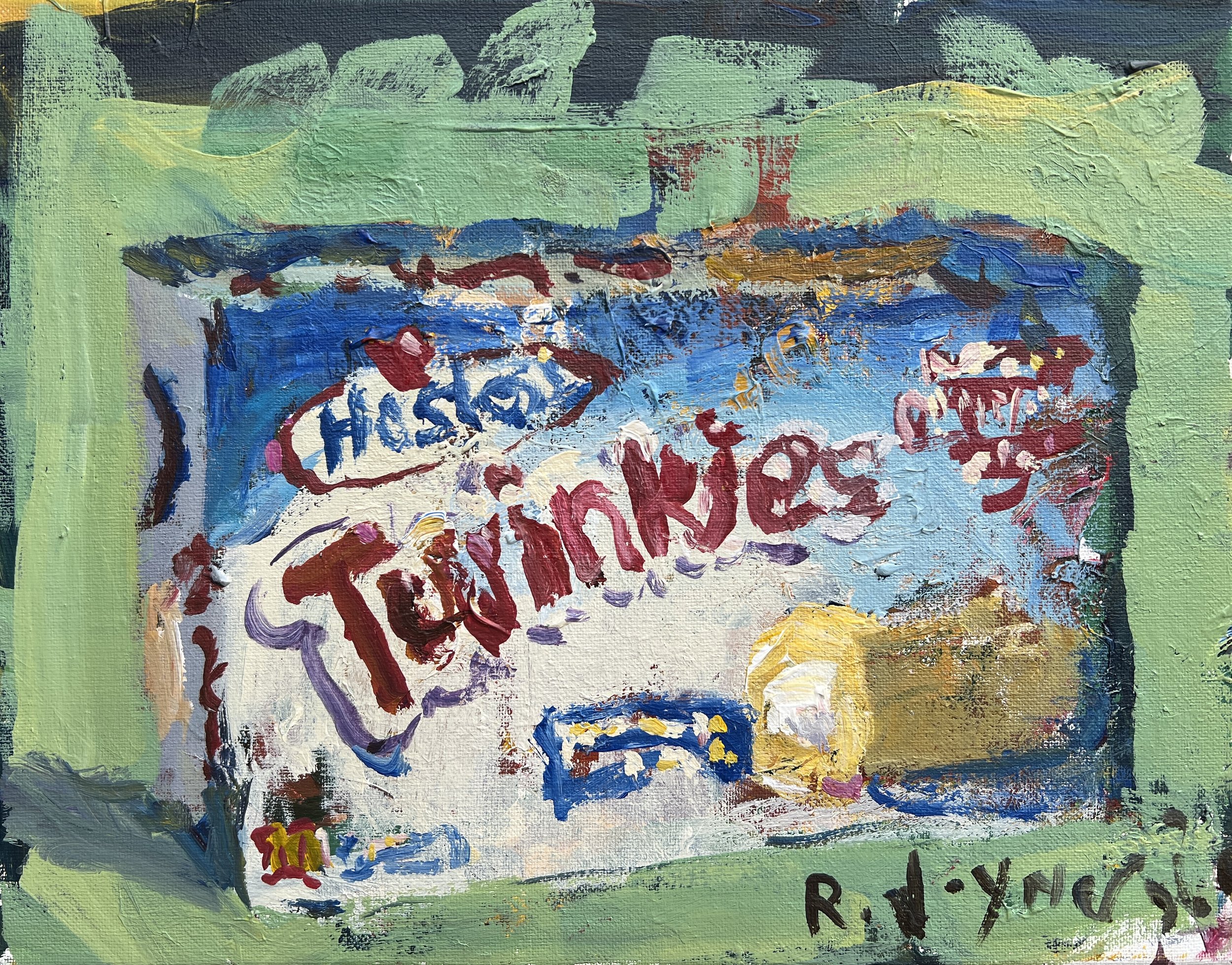 Bold, nostalgic still life featuring a box of Hostess Twinkies rendered in expressive, painterly style.