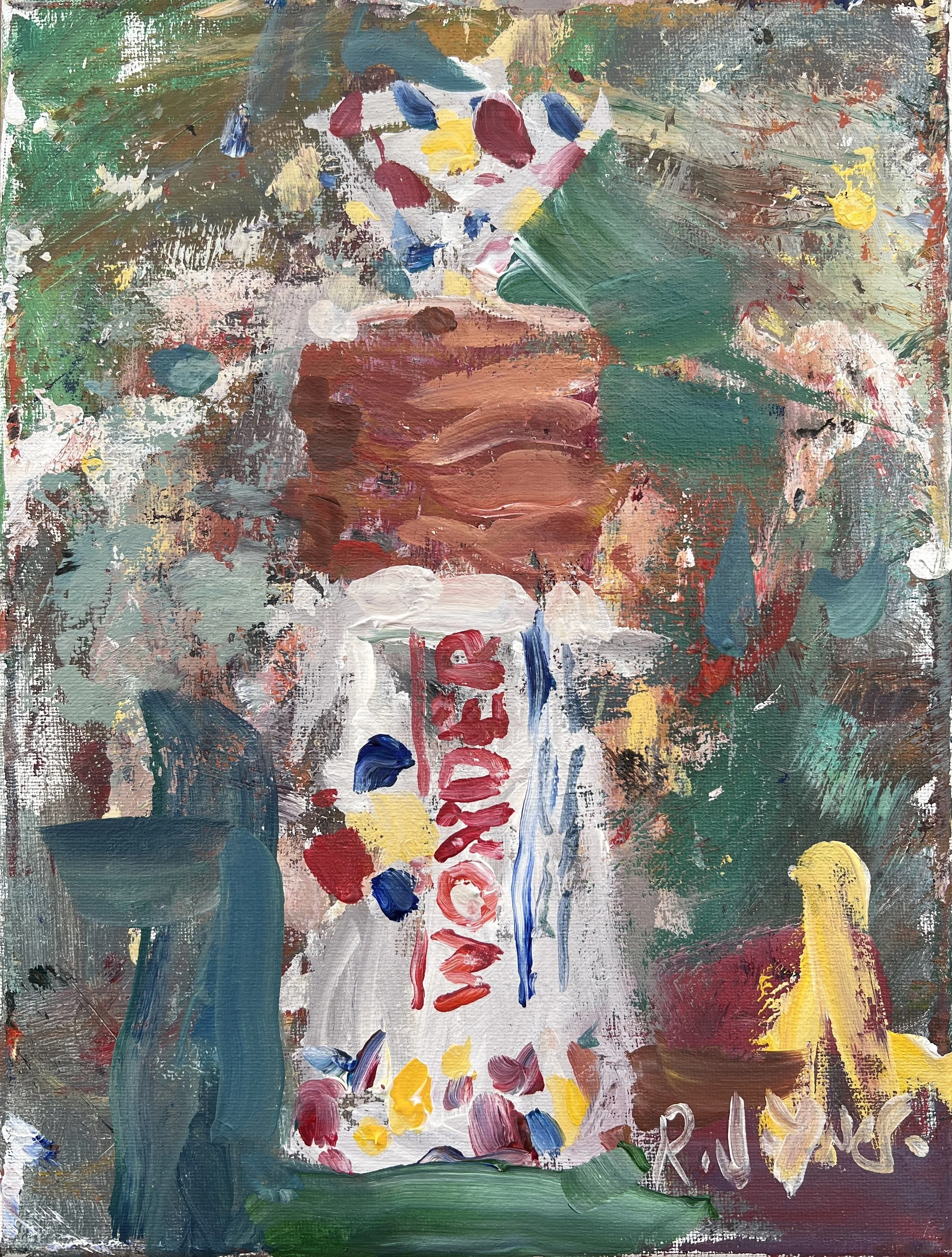 Bold expressive painting of Wonder Bread loaf bag with red yellow and blue polka dots, acrylics on 12x9 canvas - kitchen wall art