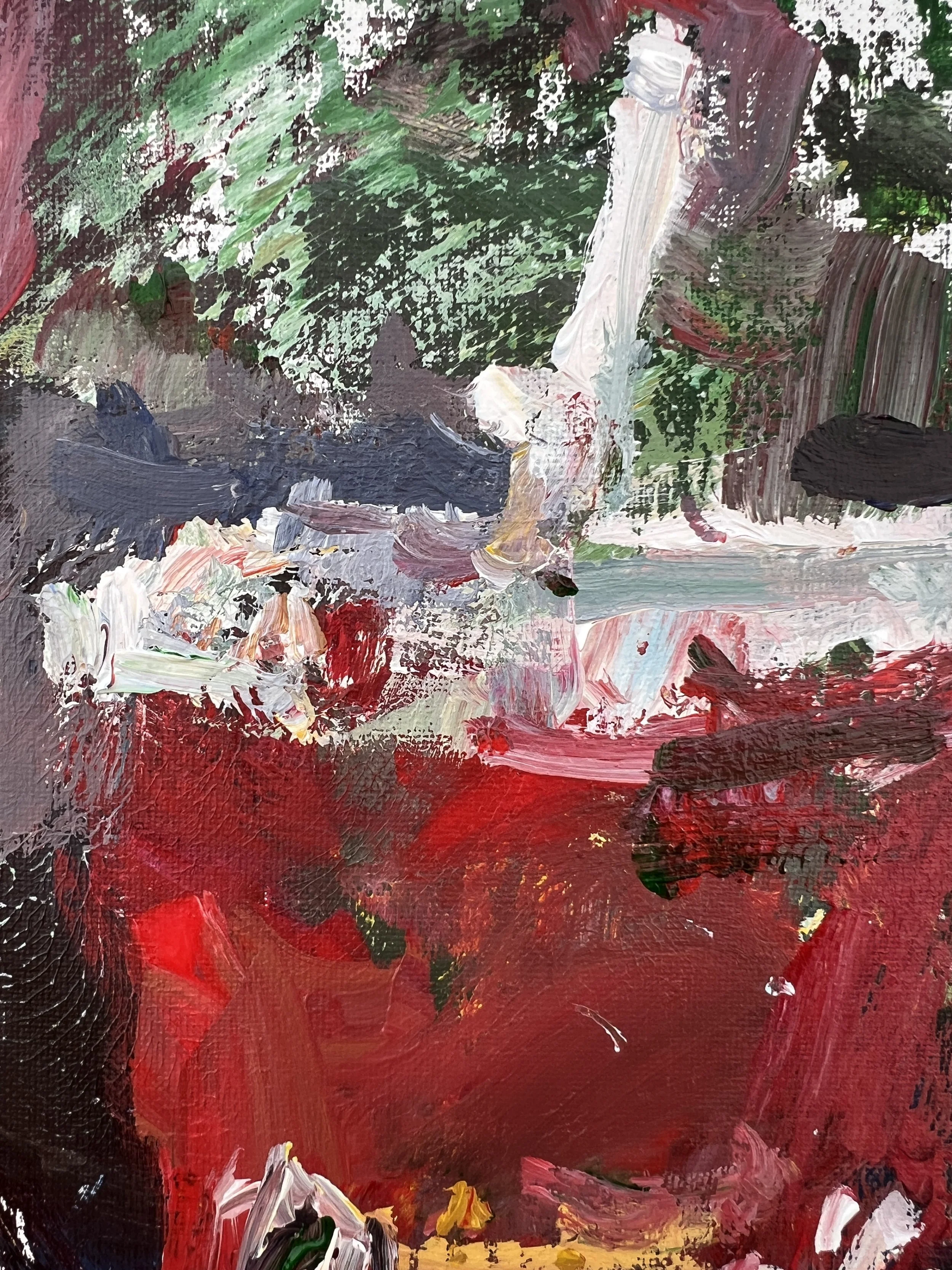 Bold expressive painting of Raising Cane's red and white cup with chicken finger logo, acrylics on 14x11 canvas - close up 1