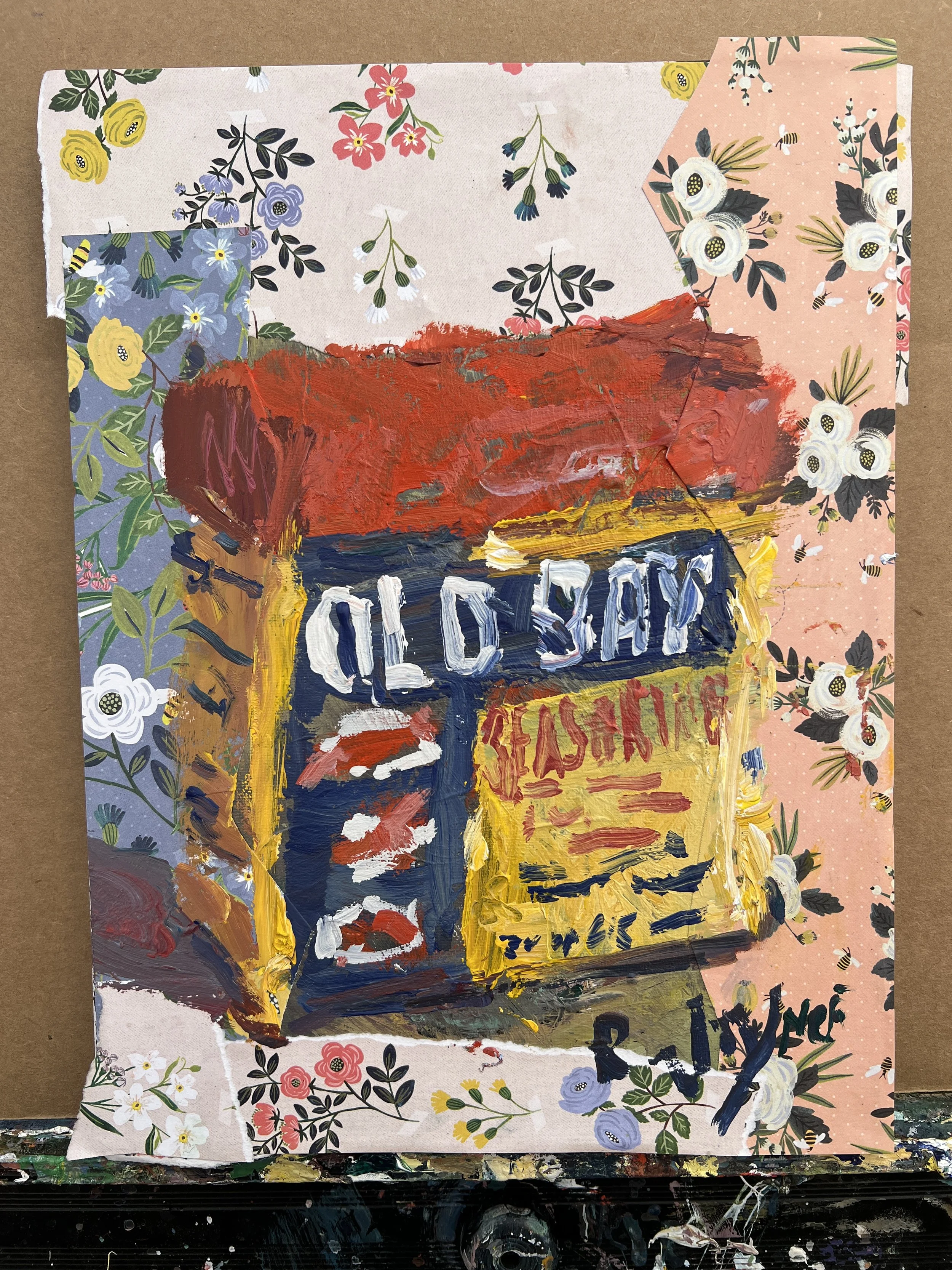 Loose expressive original painting of Old Bay seasoning can with hand-collaged floral border on canvas - kitchen wall art shows all edges