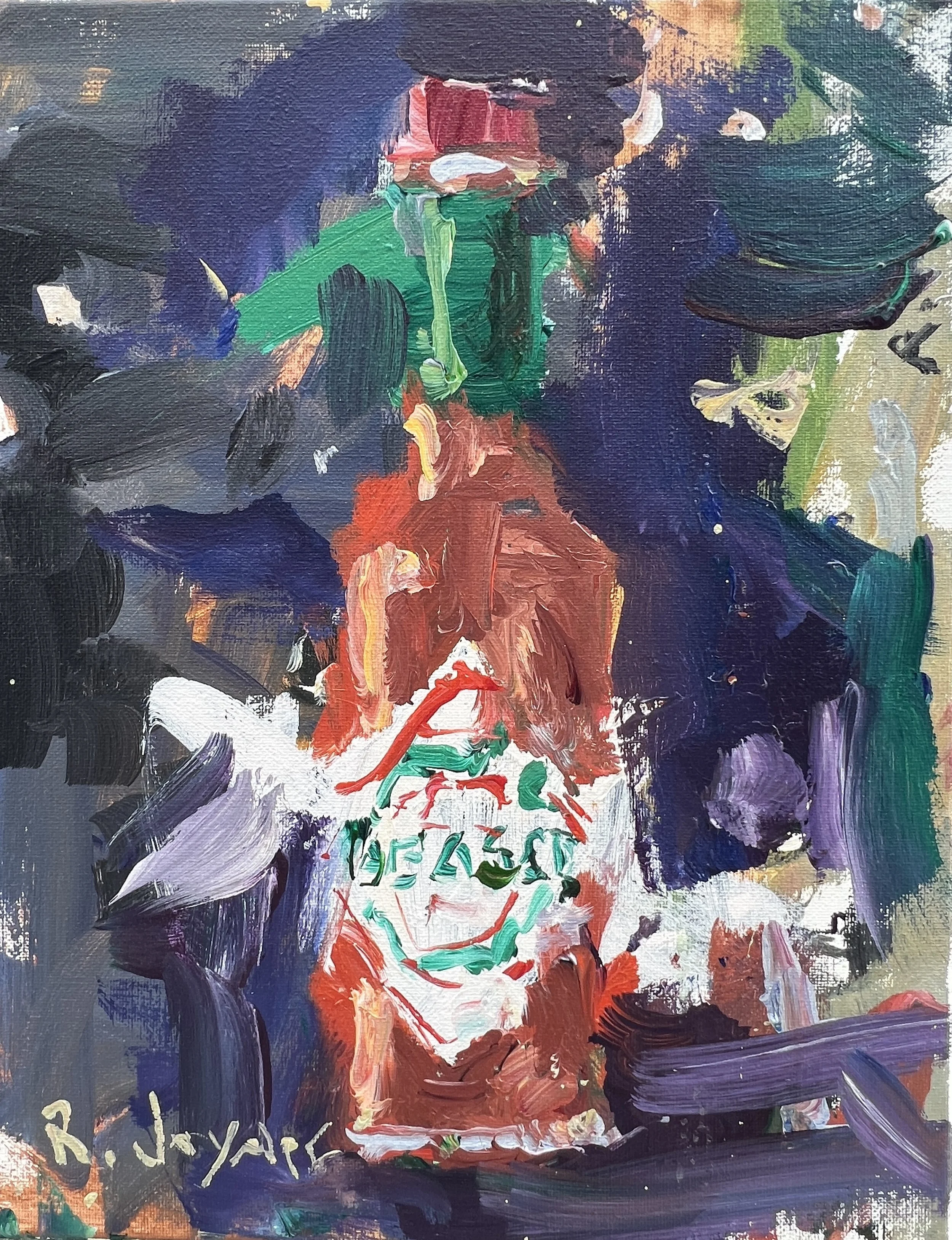Loose expressive original painting of Tabasco sauce bottle in red and green on canvas - kitchen wall art