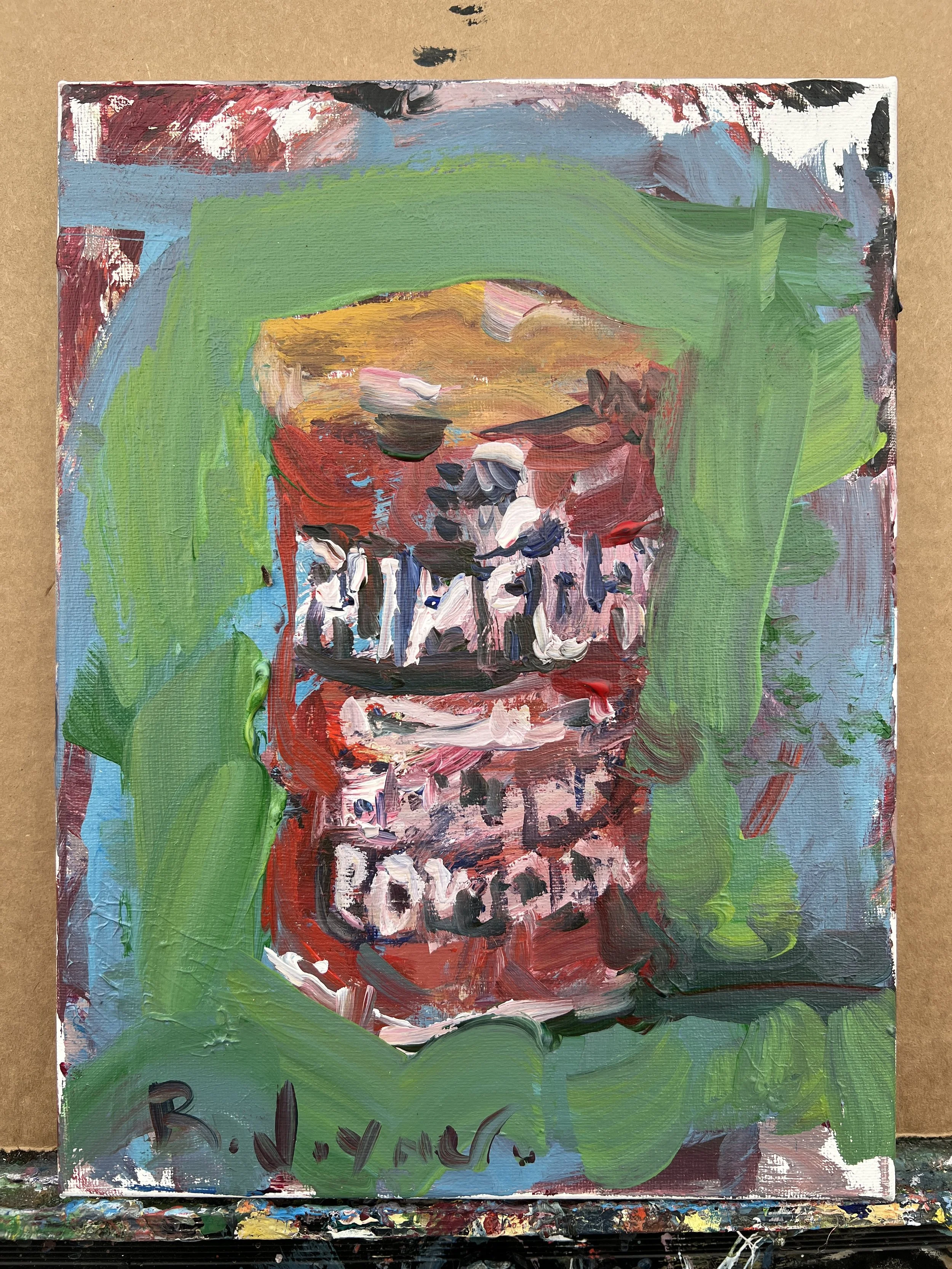 Loose expressive acrylic painting of a Rumford baking powder can with bold red brushstrokes and layered green accents on a 12x9 canvas, nostalgic kitchen pantry wall art shows all edges