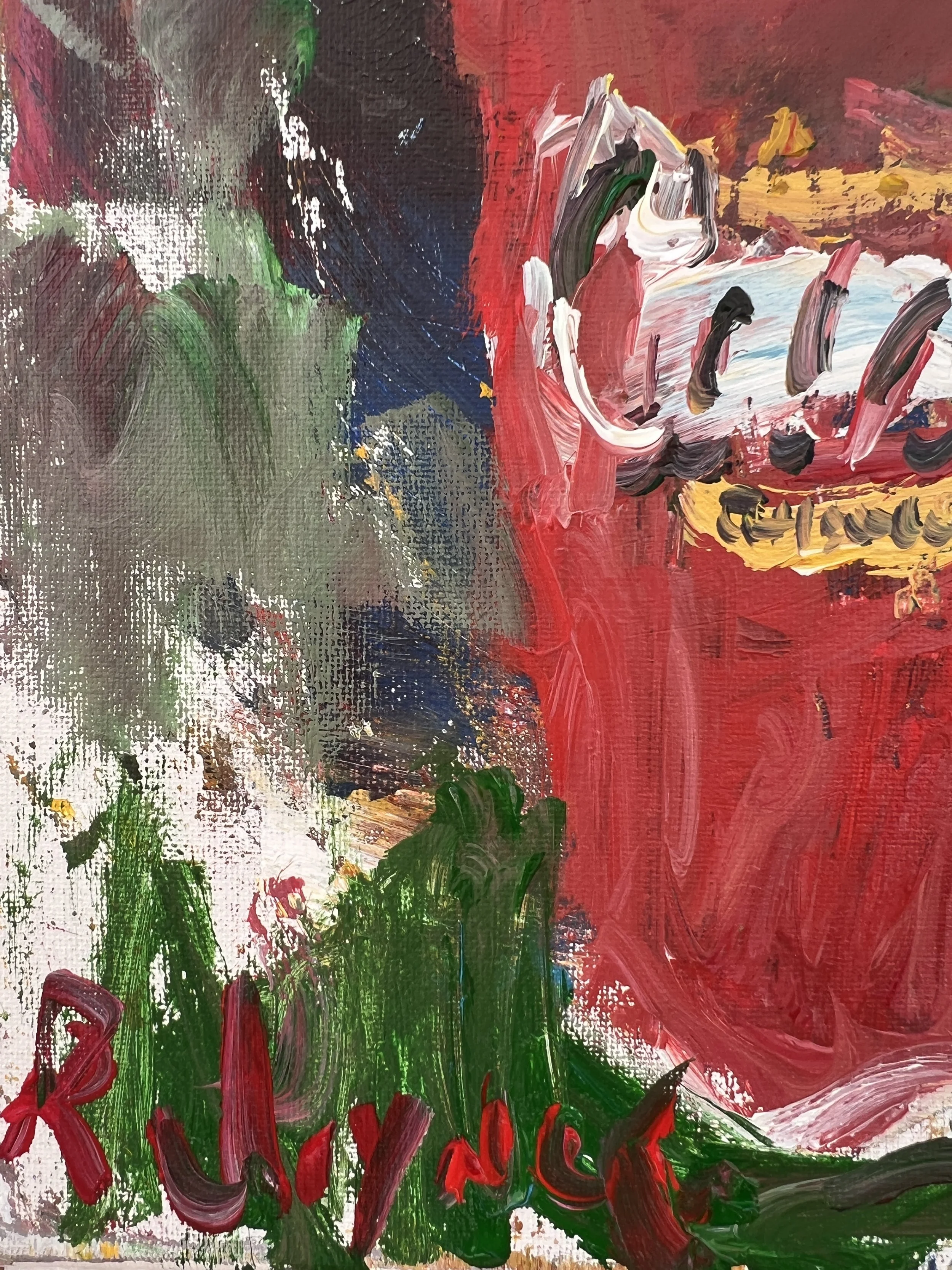 Bold expressive painting of Raising Cane's red and white cup with chicken finger logo, acrylics on 14x11 canvas - close up 3