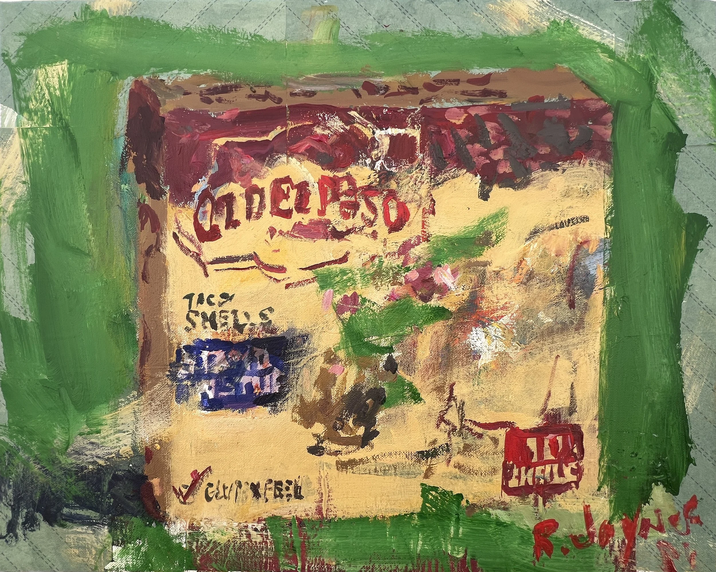 Bold expressive painting of Old El Paso Stand 'n Stuff taco shells box in vibrant colors, acrylics on 20x16 canvas - kitchen wall art