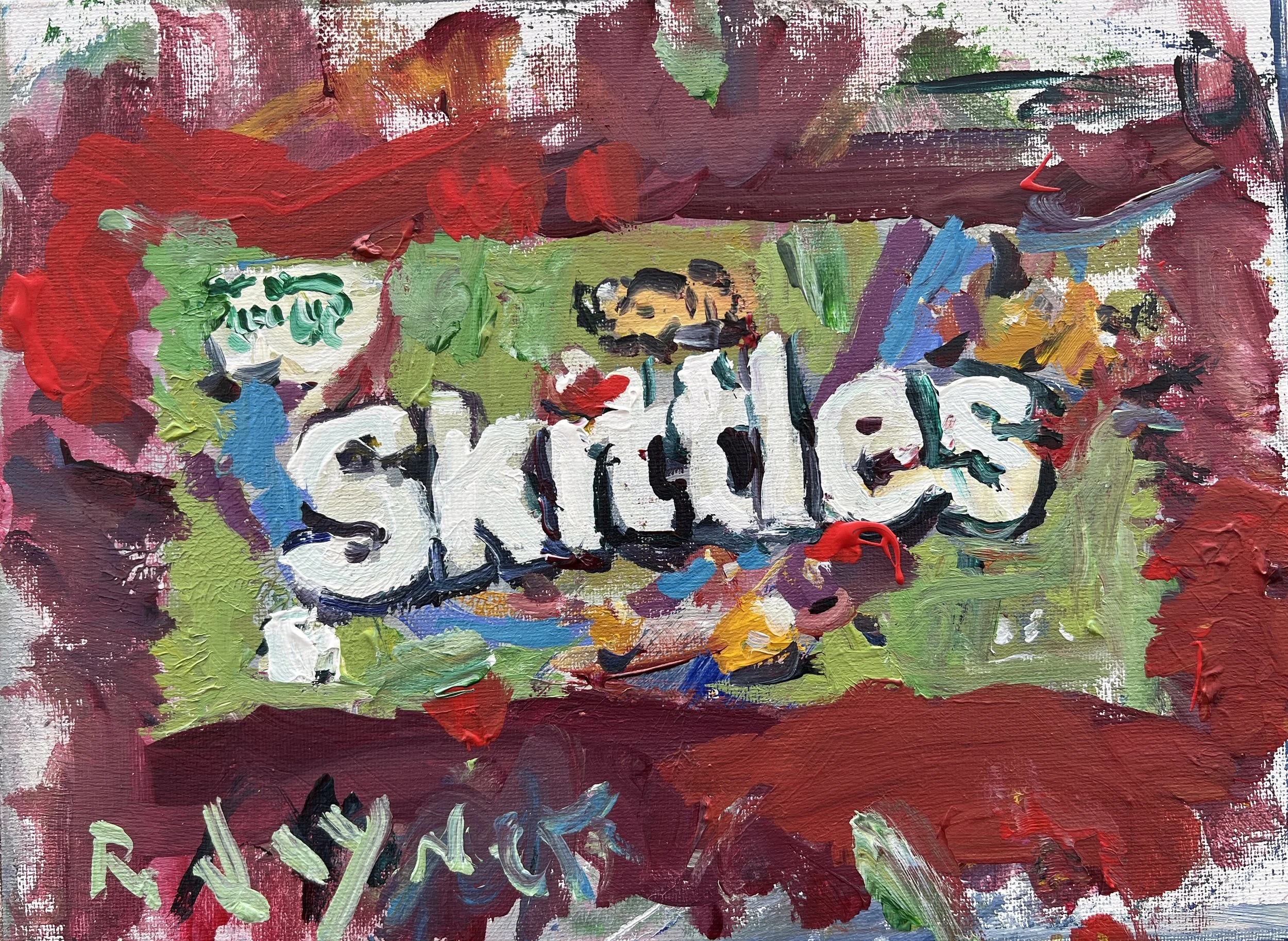 Bold expressive painting of Skittles Sour green candy bag with rainbow candies, acrylics on 12x9 canvas - game room wall art