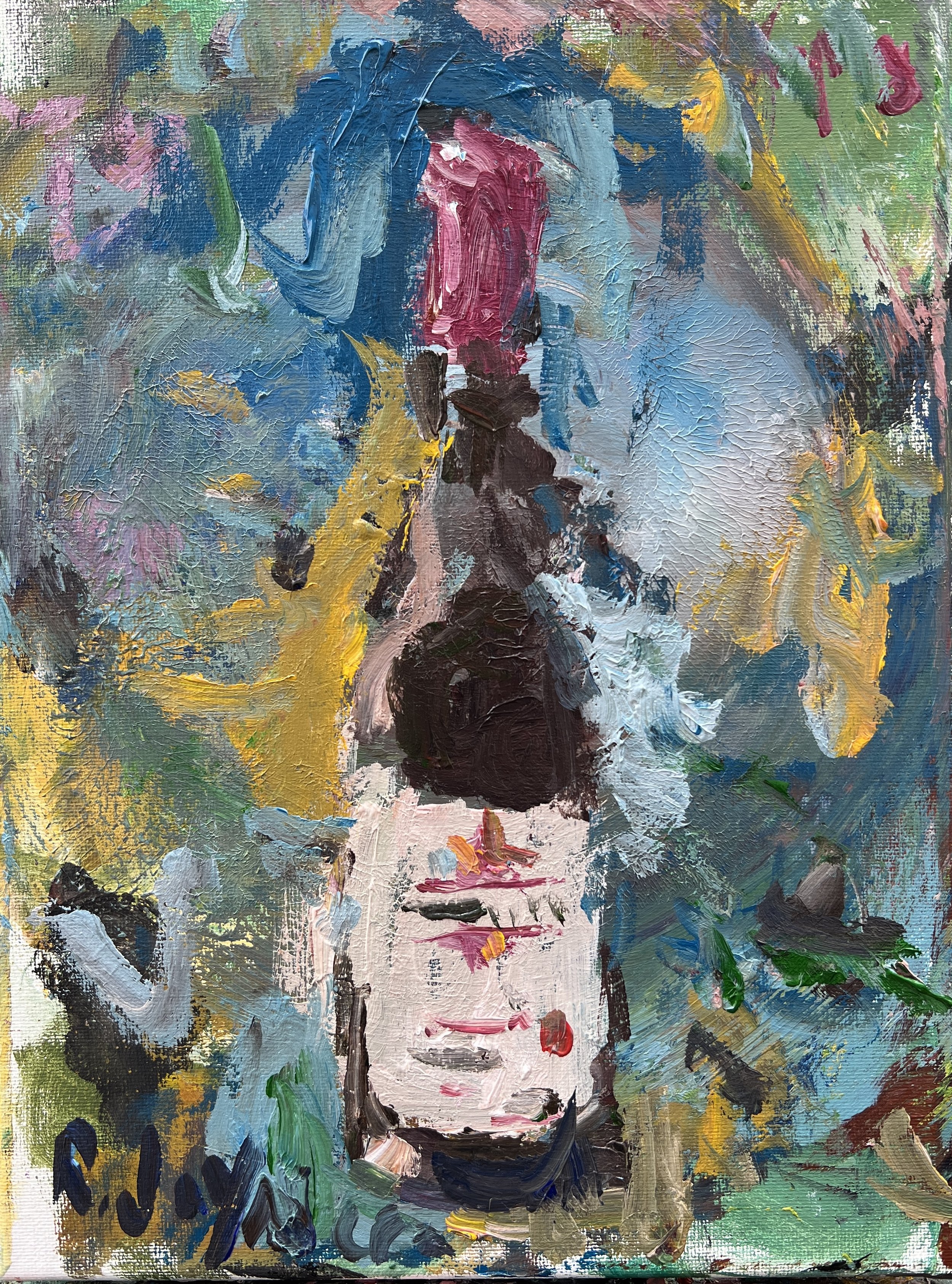 Bold expressive painting of Kendall Jackson Pinot Noir wine bottle with purple label, acrylics on 12x9 canvas - wine bar wall art