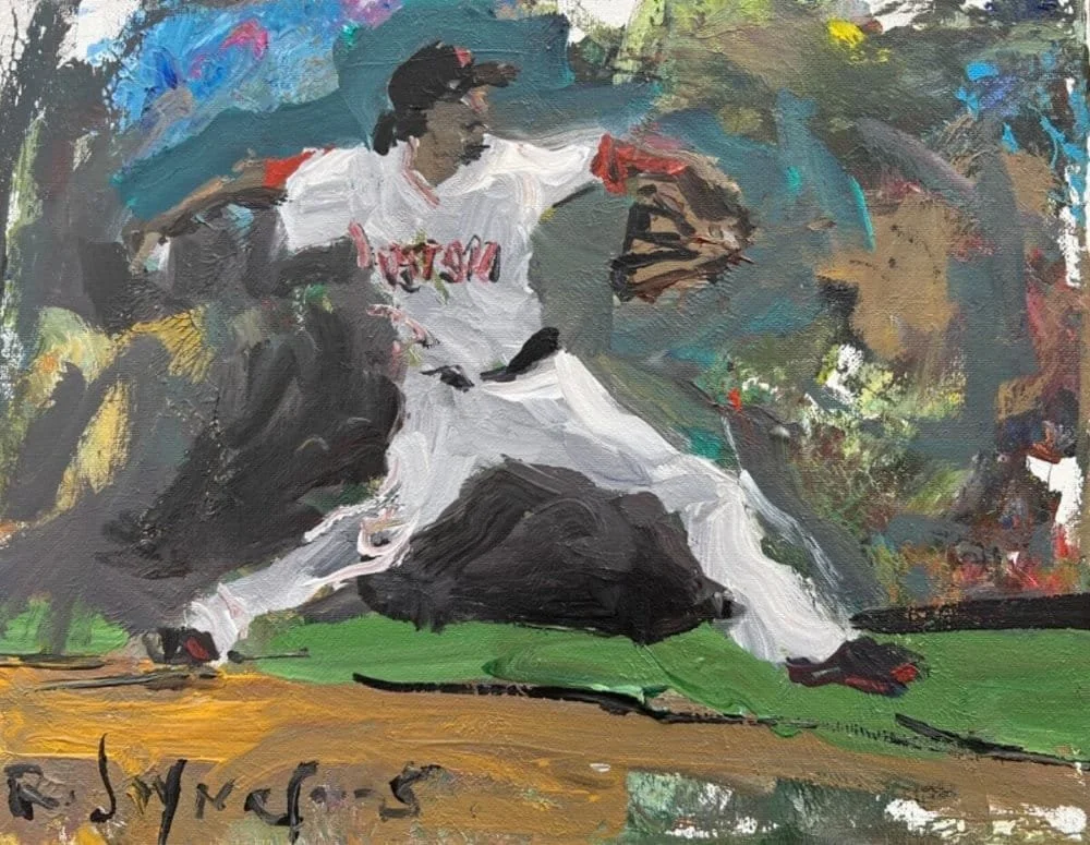 Impressionistic acrylic portrait of Pedro Martinez pitching for the Boston Red Sox