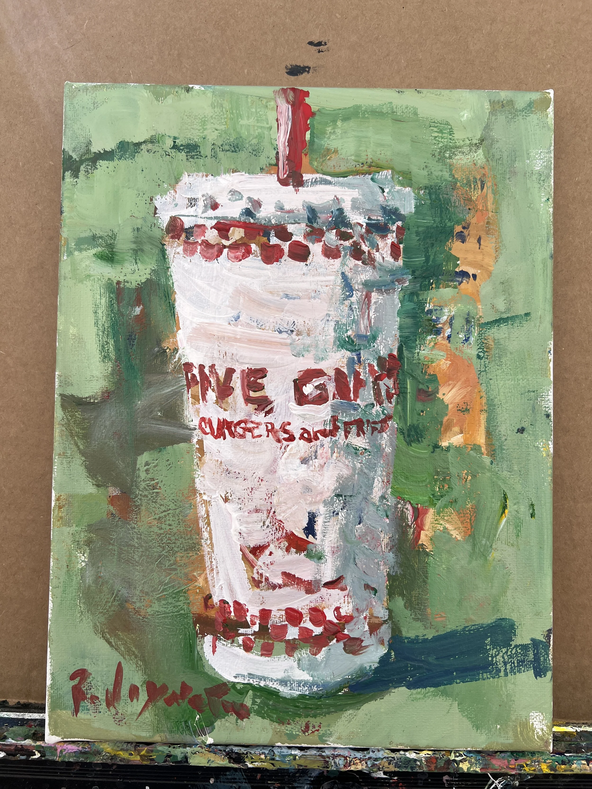 Loose expressive painting of Five Guys cup with red lettering and bold brushwork, acrylic on 12x9 canvas - shows all edges