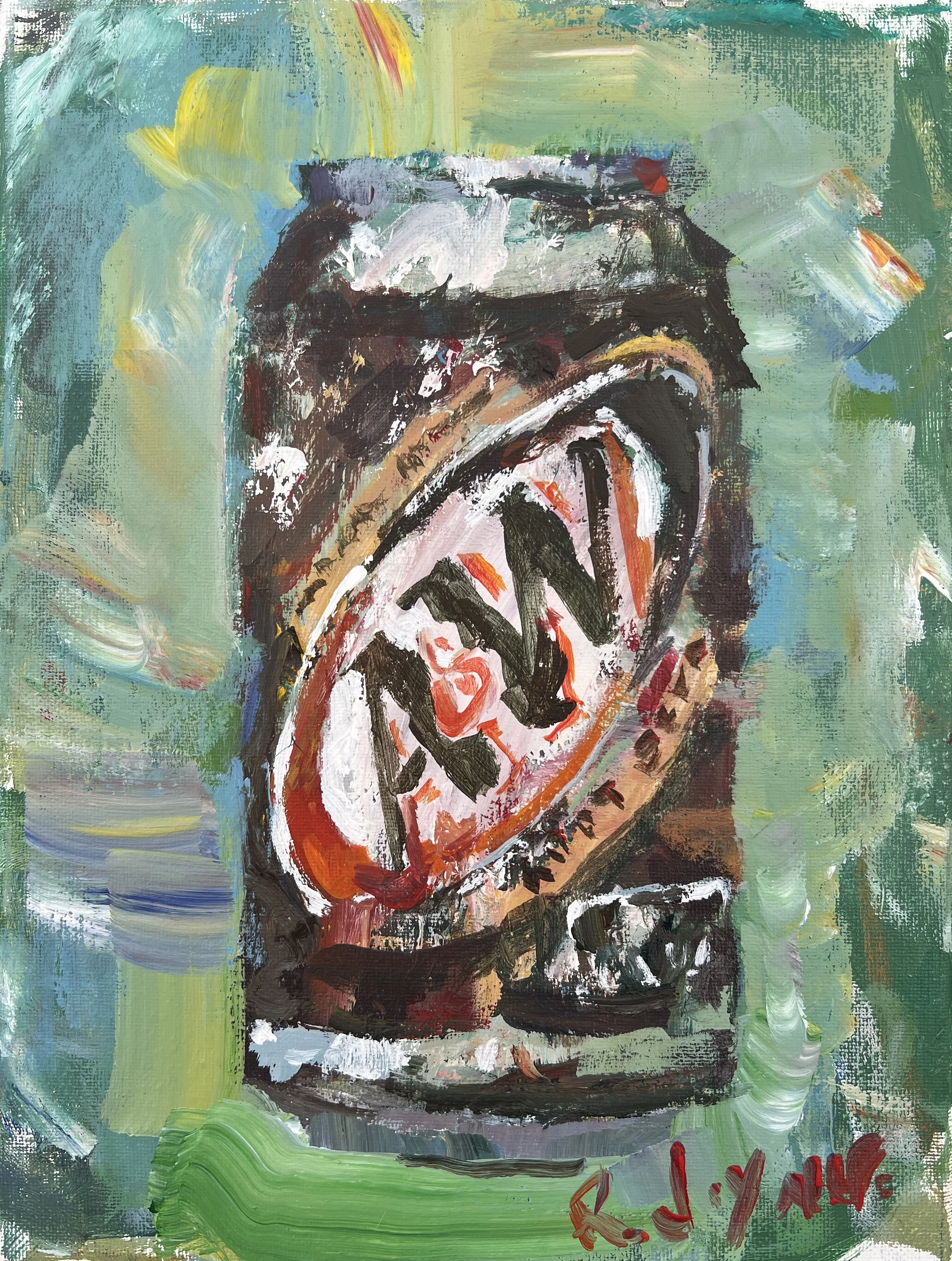 Loose expressive painting of A&W root beer can with bold oval label and textured brushwork, acrylic on 12x9 canvas - kitchen wall art