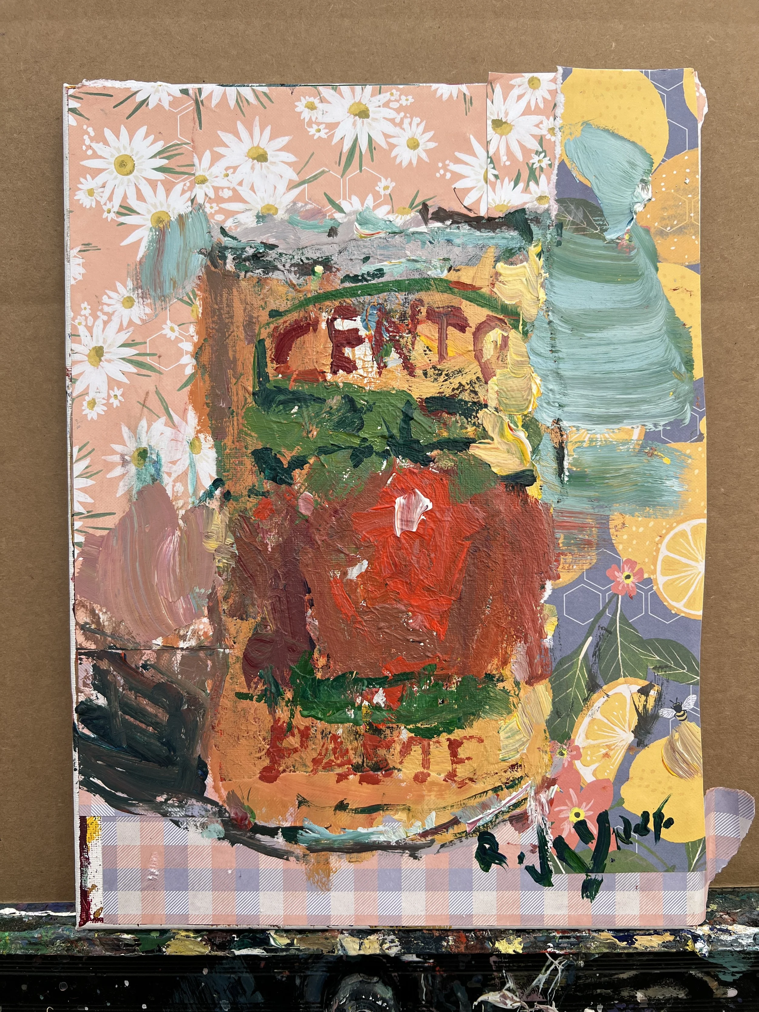 Loose expressive original painting of a Cento tomato paste can with mixed media collage on 12x9 canvas – painterly kitchen wall art shows all edges
