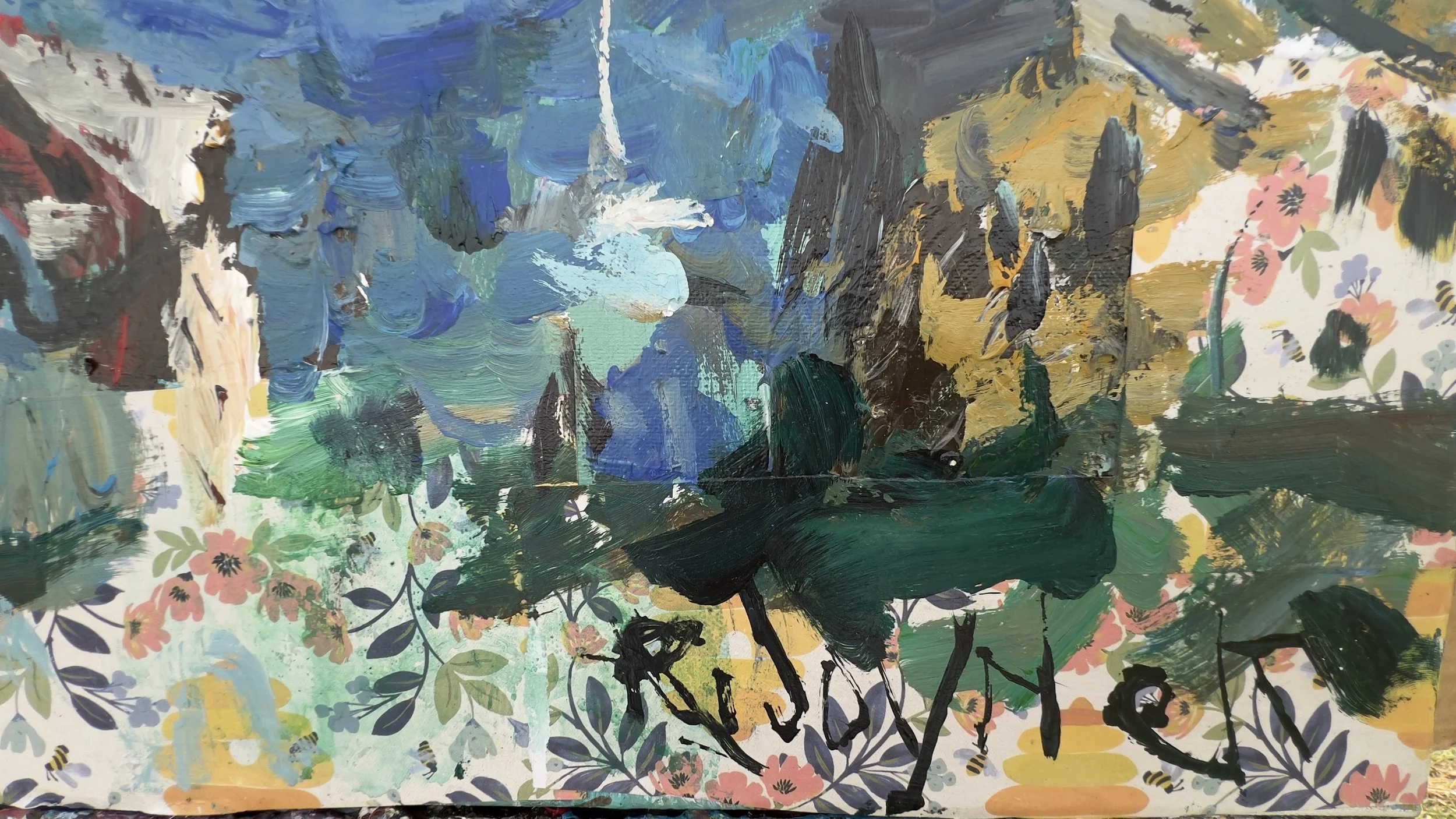 Expressive coastal harbor mixed media and collage painting with boats and buildings by Robert Joyner