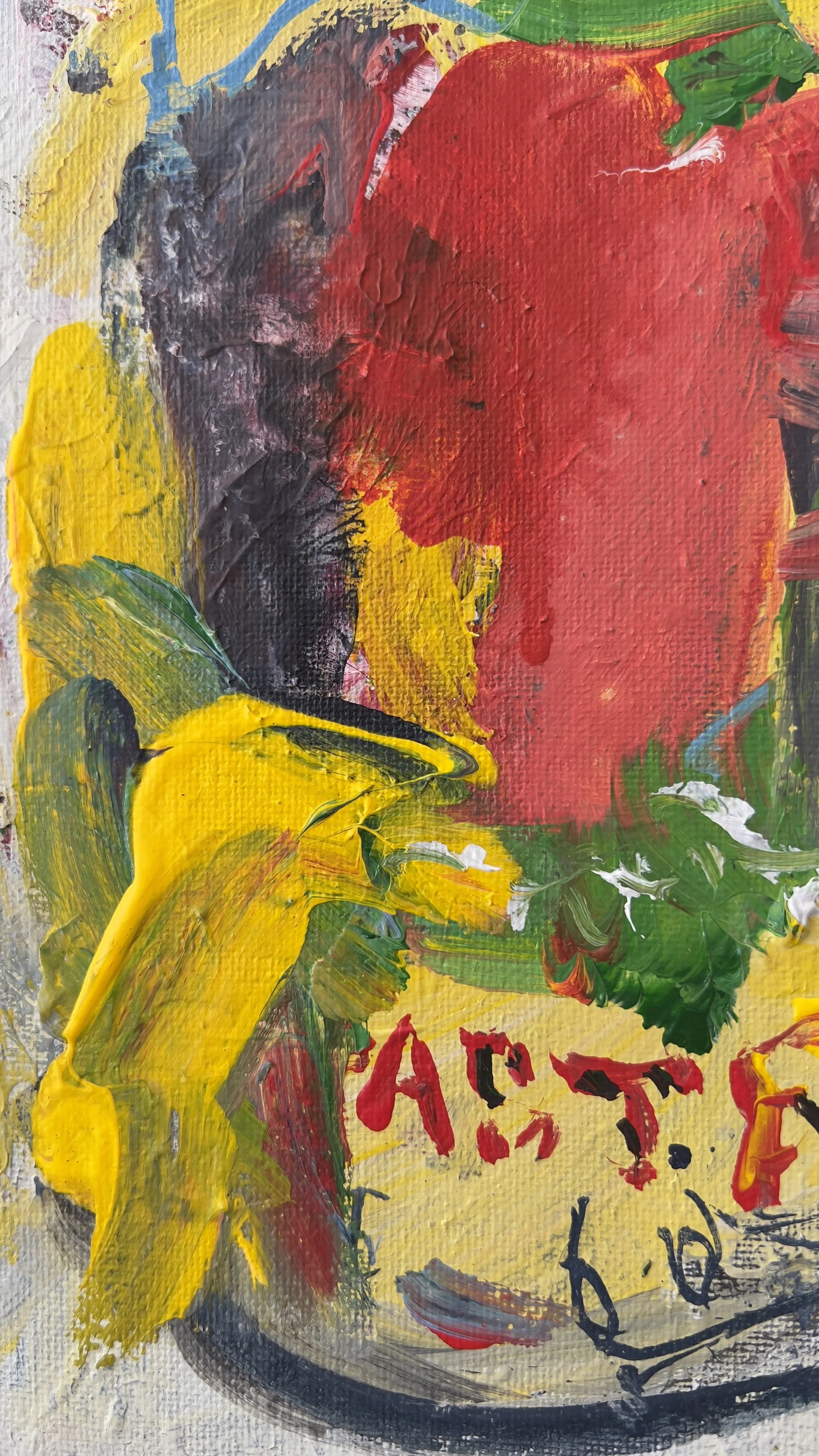 Alt Text: Colorful mixed media painting of three Cento tomato paste cans close up 5