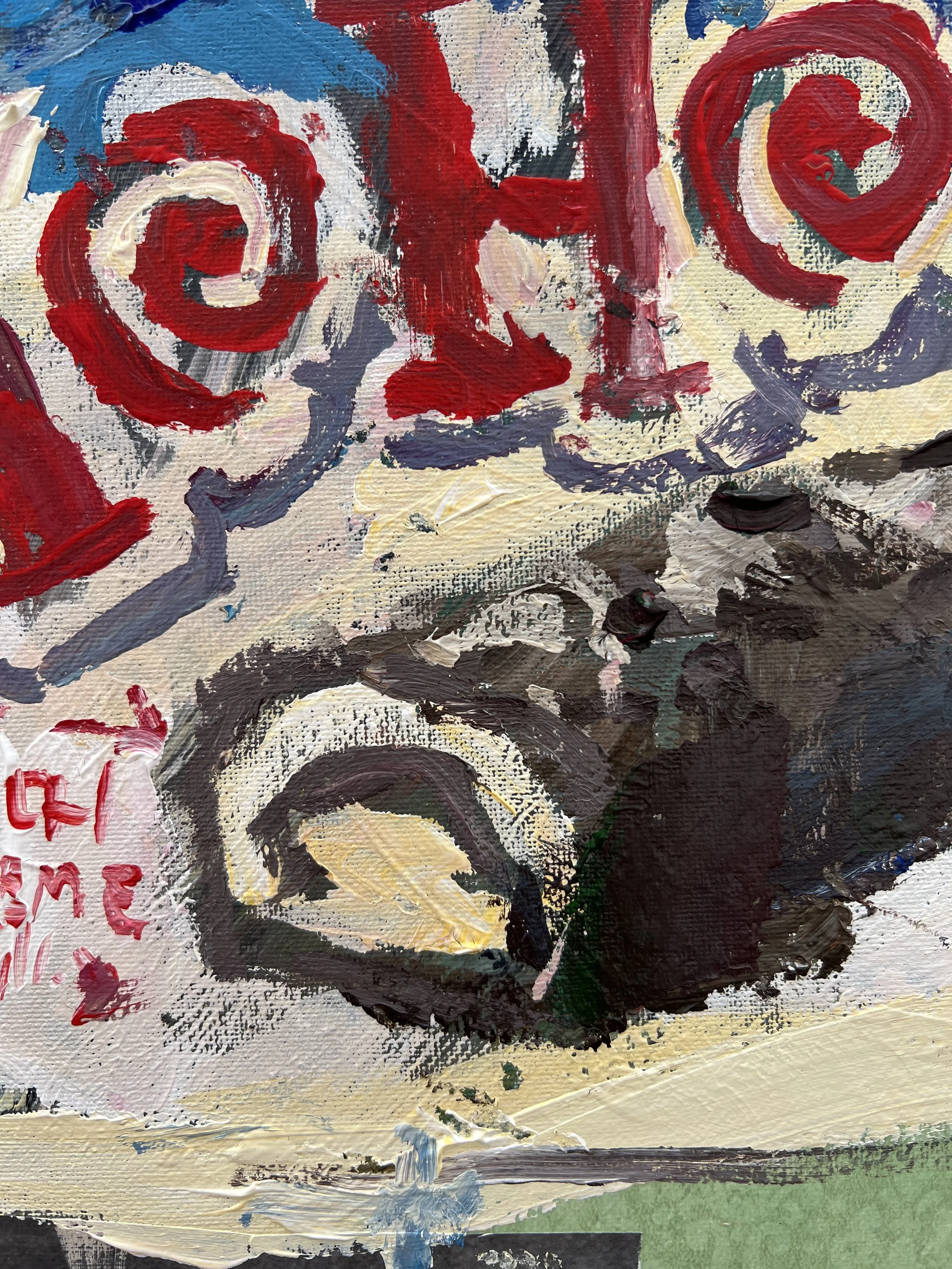 Bold expressive painting of Hostess Ho Hos box with chocolate roll cakes and collage elements, acrylics on 20x16 canvas - close up 4