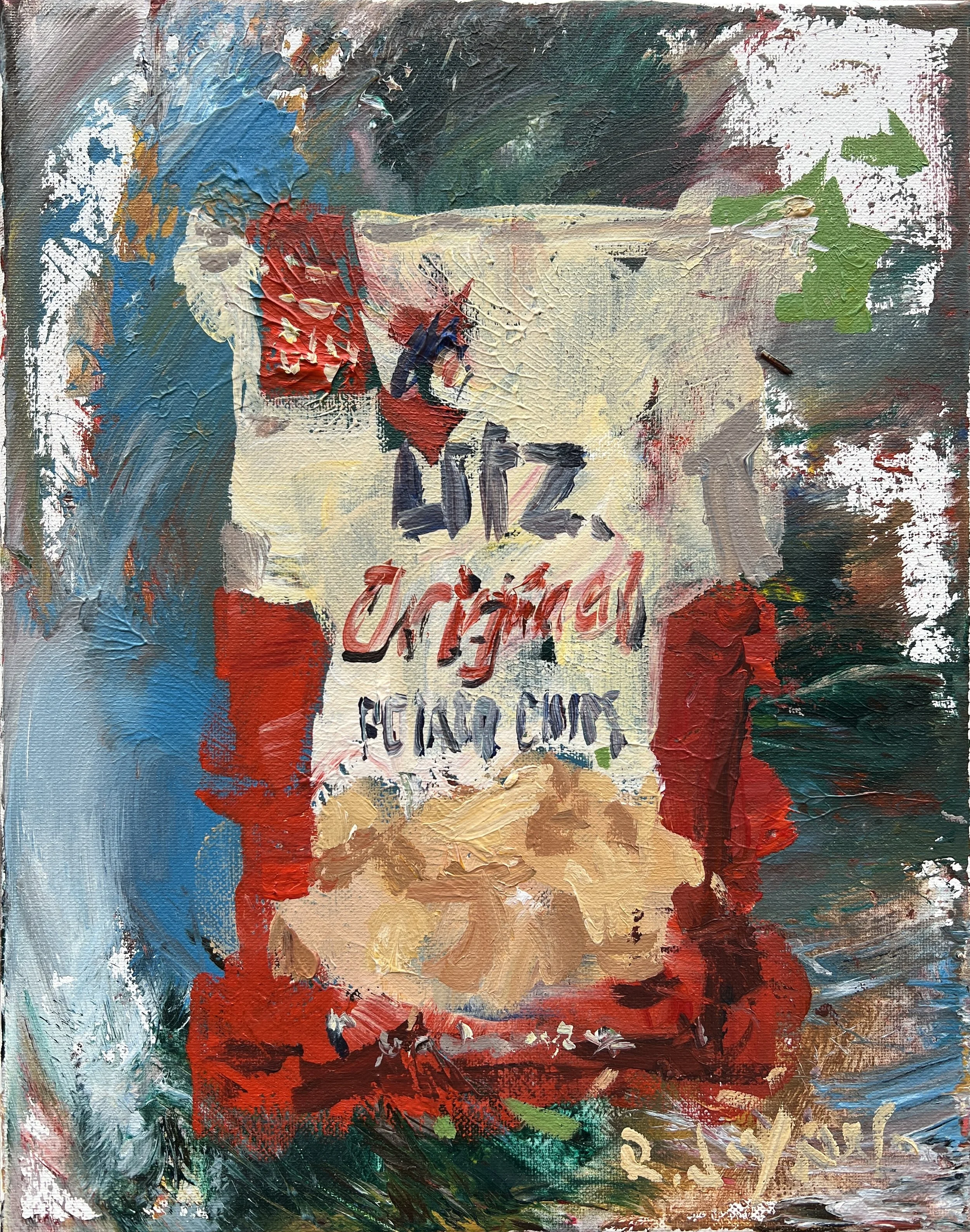 Bold expressive painting of Utz original potato chips red and tan bag with Utz girl logo and textured brushstrokes, acrylics on 14x11 canvas - nostalgic snack kitchen wall art