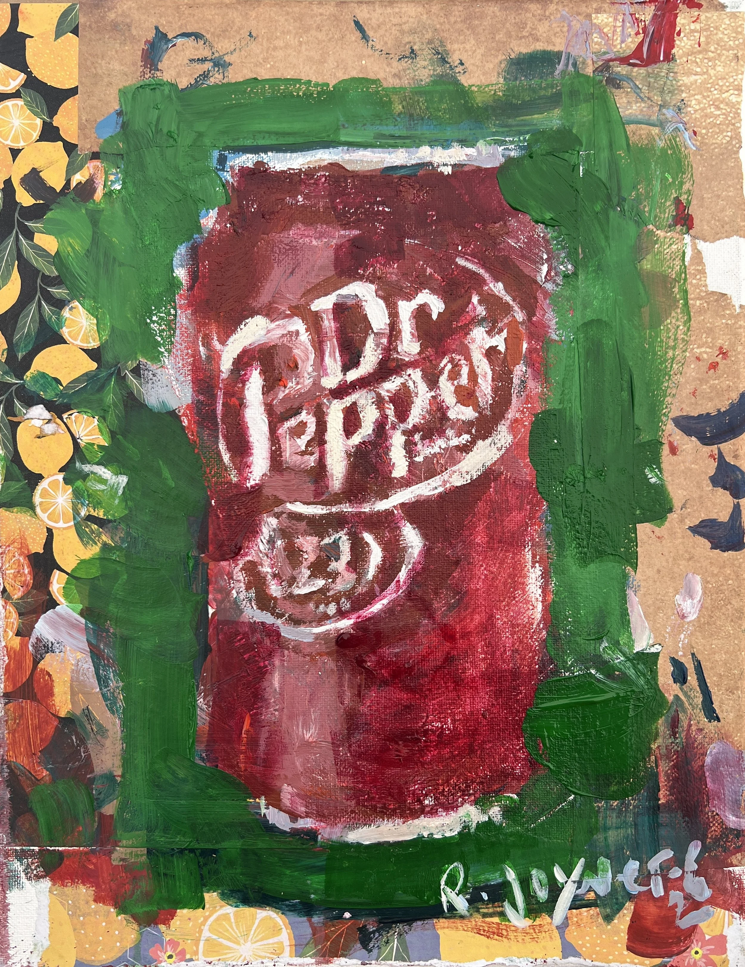 Bold expressive painting of Dr Pepper maroon can with retro logo and collage elements with textured brushstrokes, acrylics on 11x14 canvas - nostalgic soda kitchen wall art