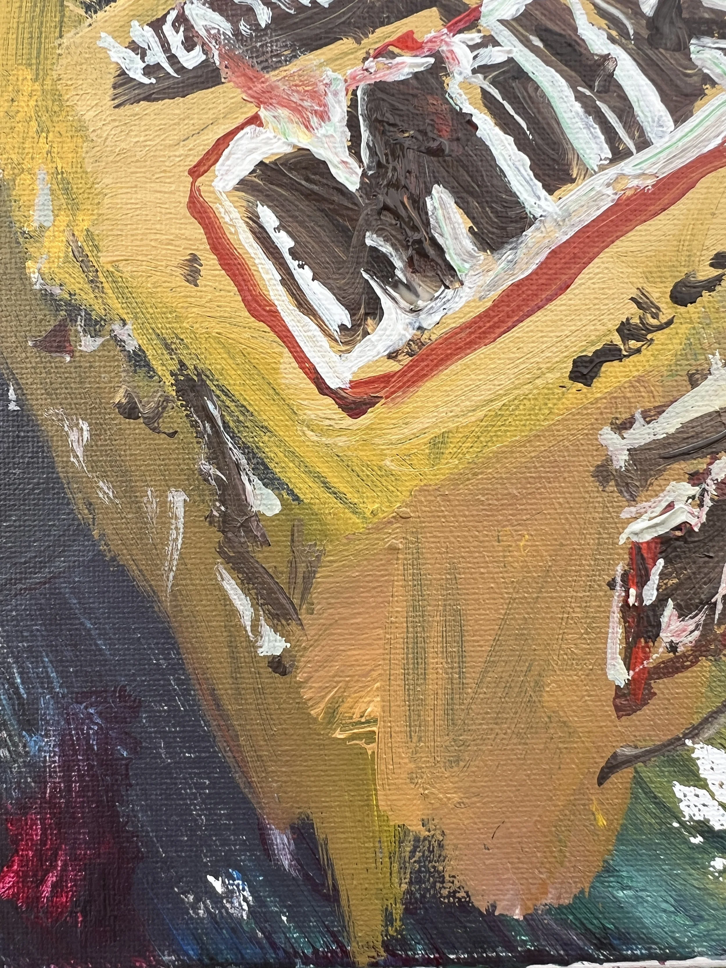 Detail view of Bold expressive painting of Milk Duds yellow candy box