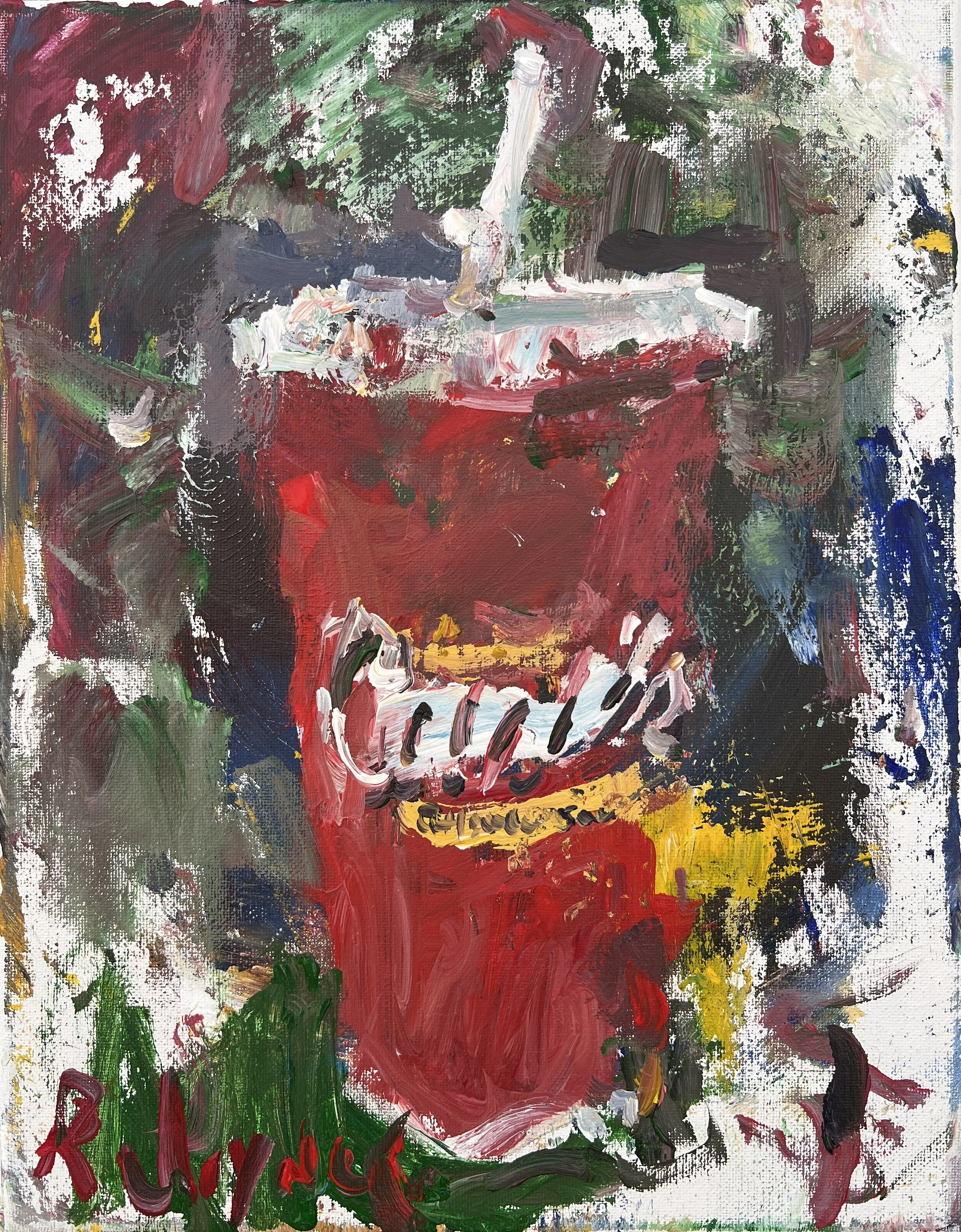Bold expressive painting of Raising Cane's red and white cup with chicken finger logo, acrylics on 14x11 canvas - fast food wall art