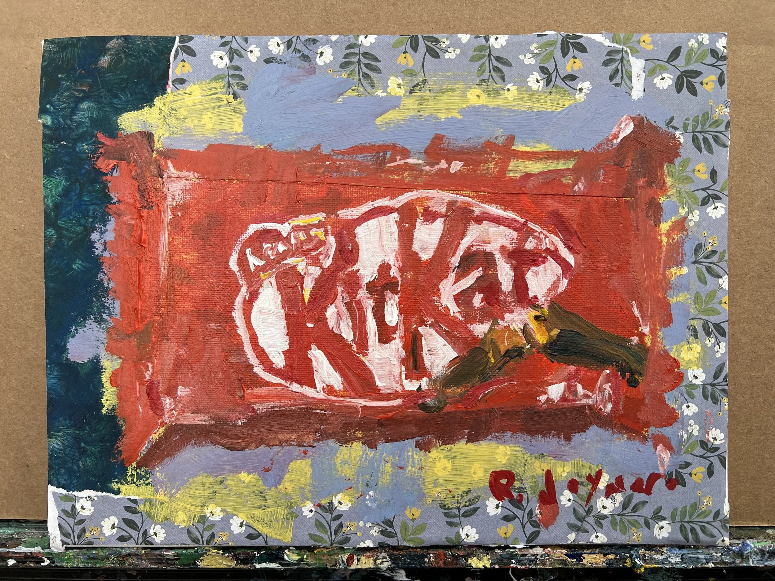 Bold expressive painting of KitKat candy bar red wrapper with white logo and collage with floral elements, acrylics on 12x9 canvas - kitchen wall art shows all edges