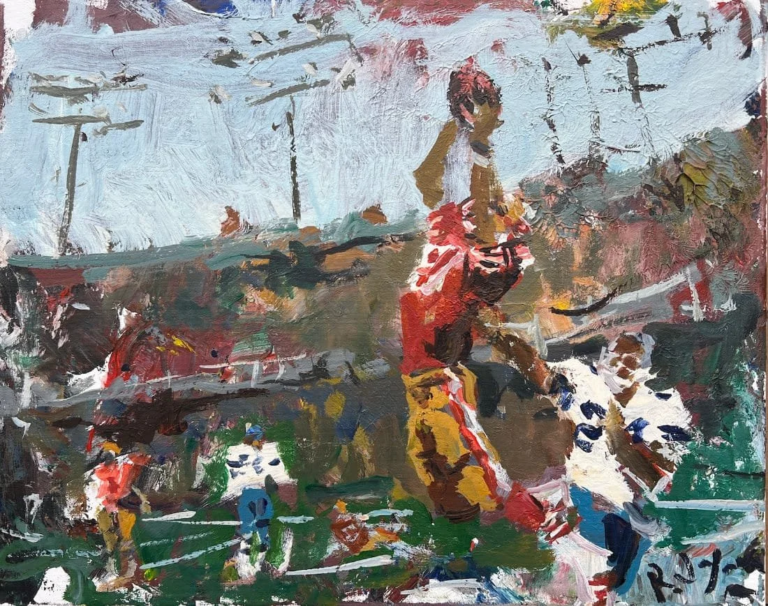 The Catch 49ers Montana to Clark original painting, iconic 1982 moment in acrylic by Robert Joyner
