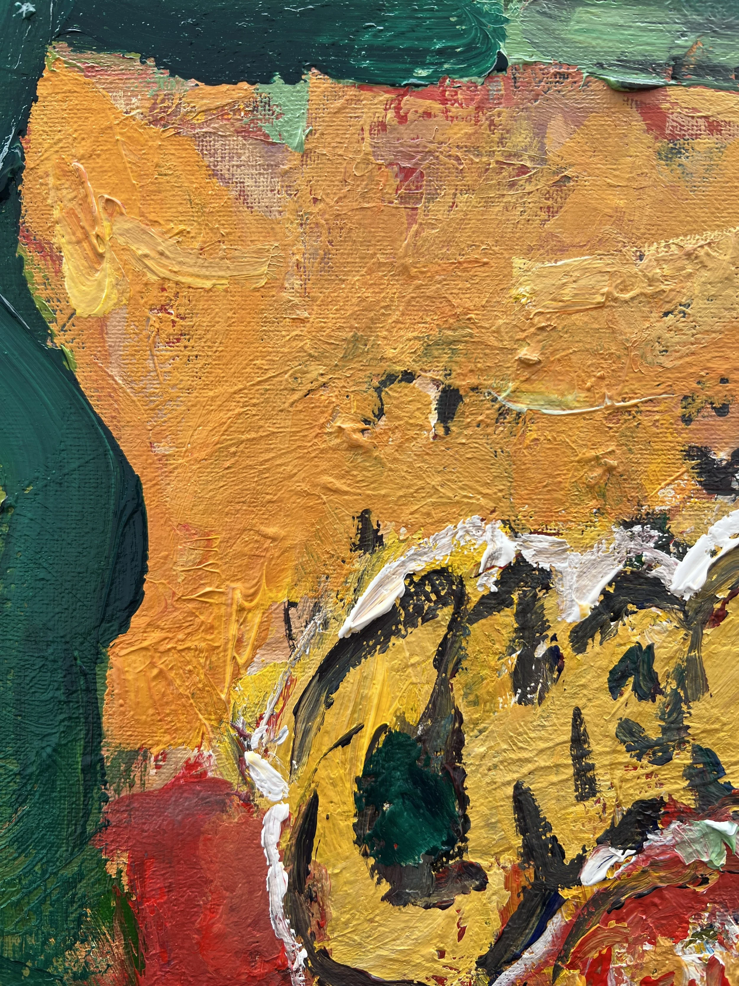 Bold expressive painting of Crunchy Cheetos orange bag with cheetah logo, acrylics on 20x16 canvas - close up 1