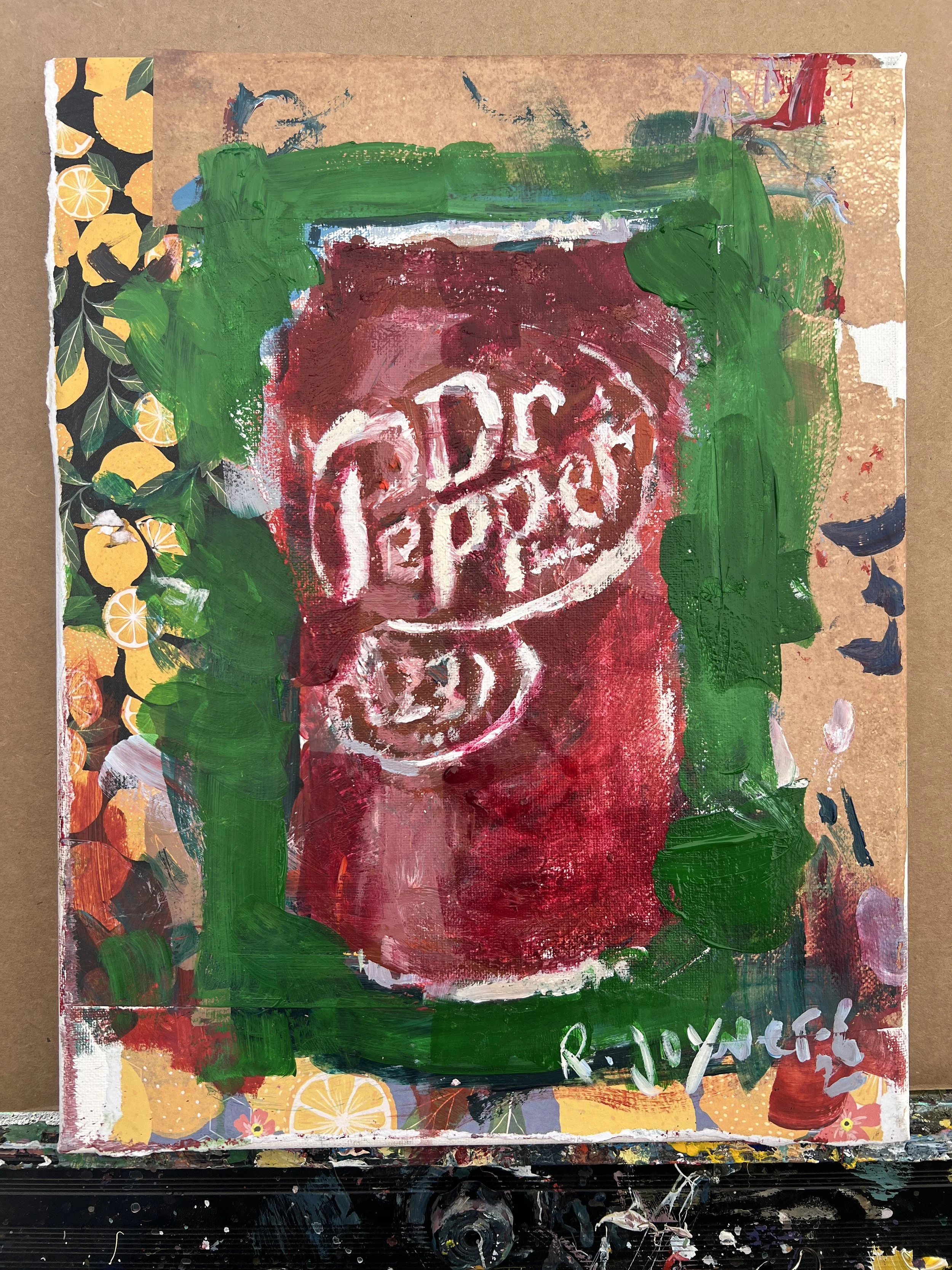 Bold expressive painting of Dr Pepper maroon can with retro logo and collage elements with textured brushstrokes, acrylics on 11x14 canvas - nostalgic soda kitchen wall art shows all edges
