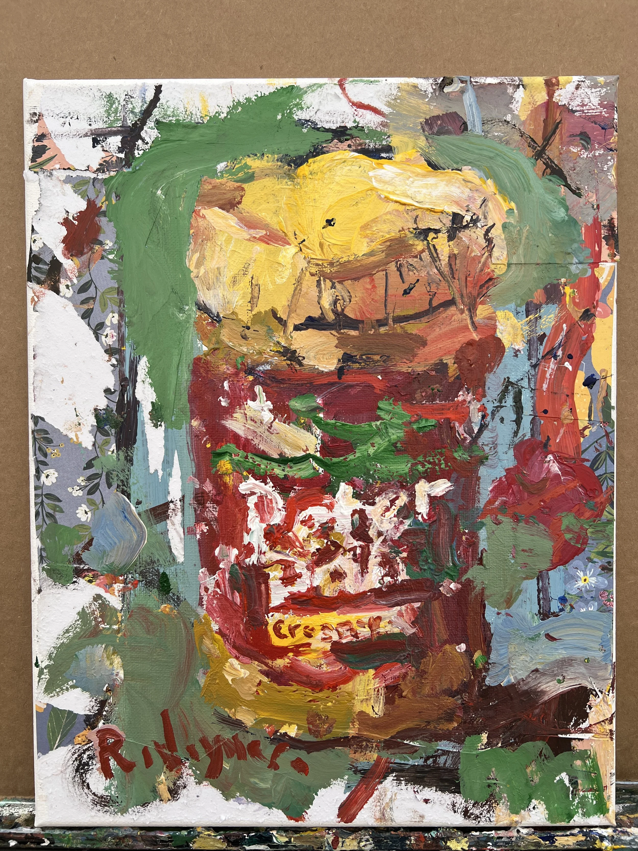 Textured original painting of Peter Pan peanut butter jar in red with yellow cap and green label, acrylics and collage on 14x11 canvas - kitchen wall art shows all edges