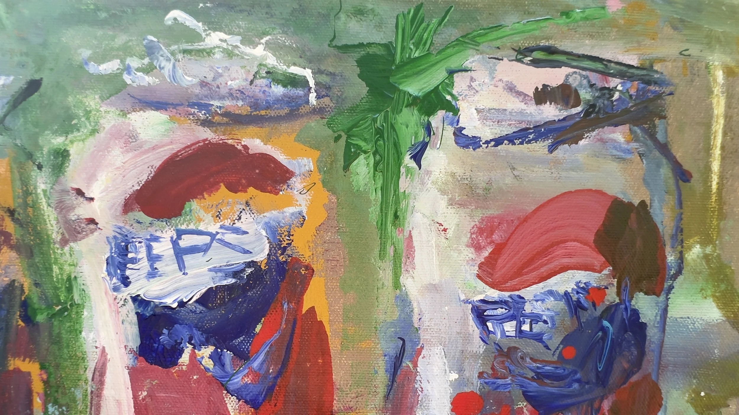 Abstract mixed media painting of three Pepsi cans in red and blue by Robert Joyner close up 3